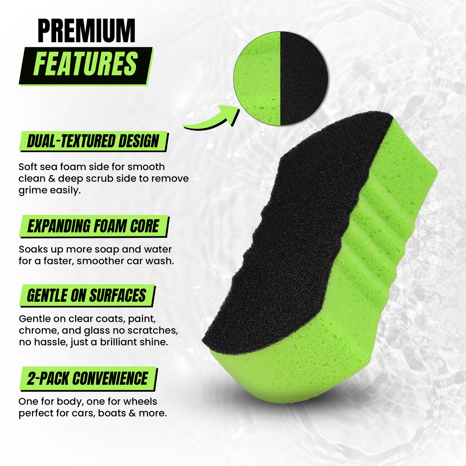 Grip Clean Dual Texture Car Wash Sponge – Multi Purpose Bug Foam Cleaner, 2 Pack