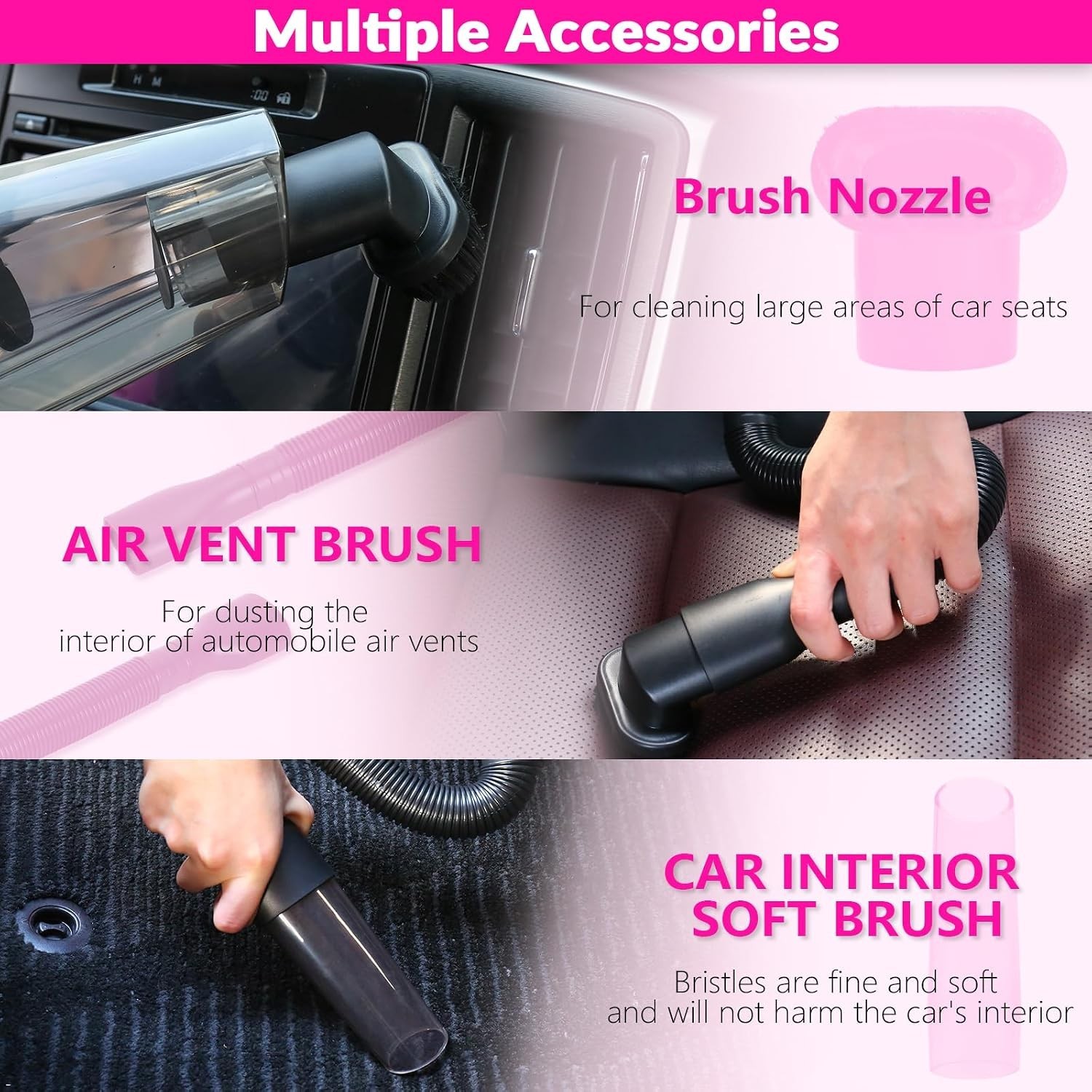 Stylish Pink Car Vacuum Cleaning Set: High Power & 7 Essential Accessories