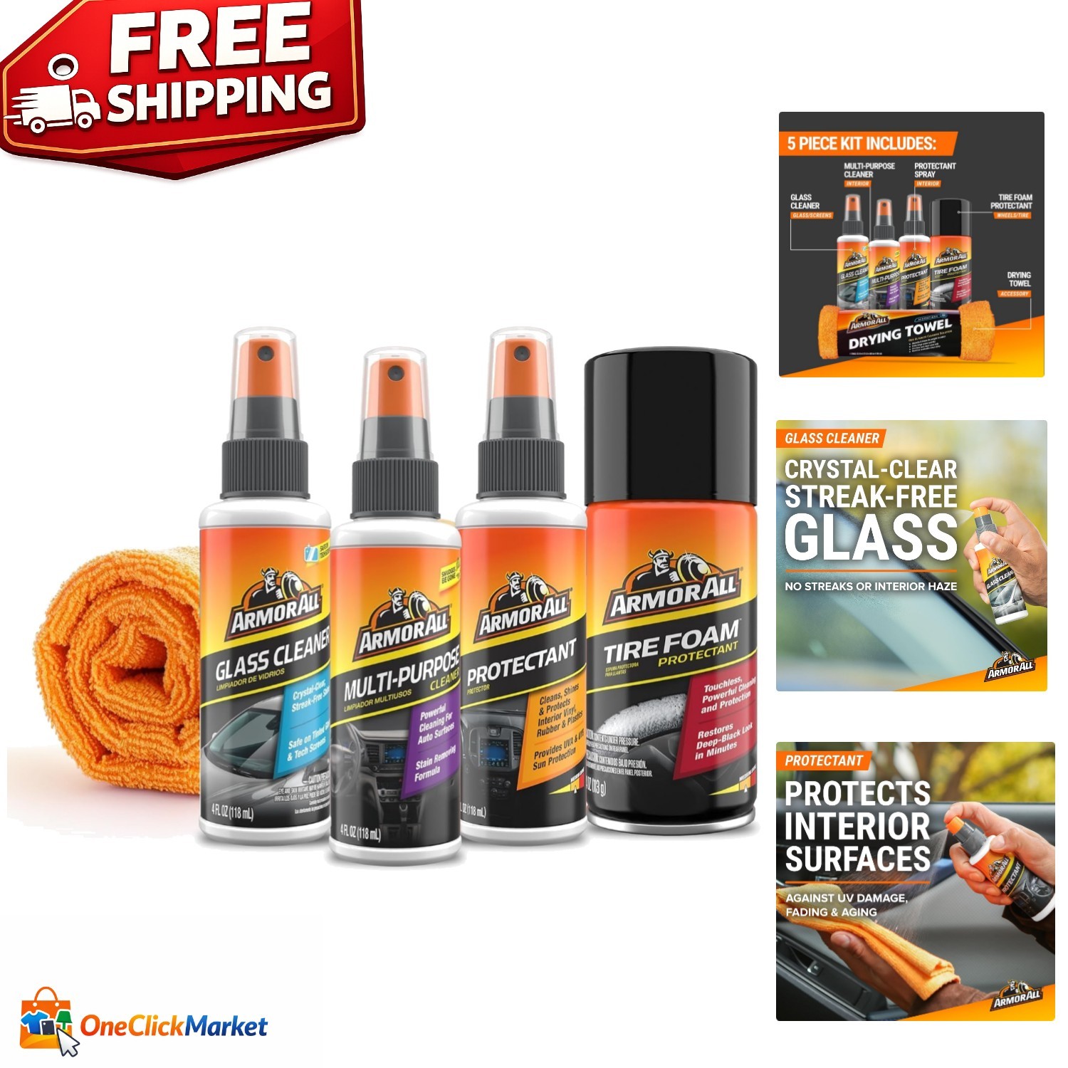 5-Piece Car Cleaning Kit with Streak-Free Formula & Microfiber Towel