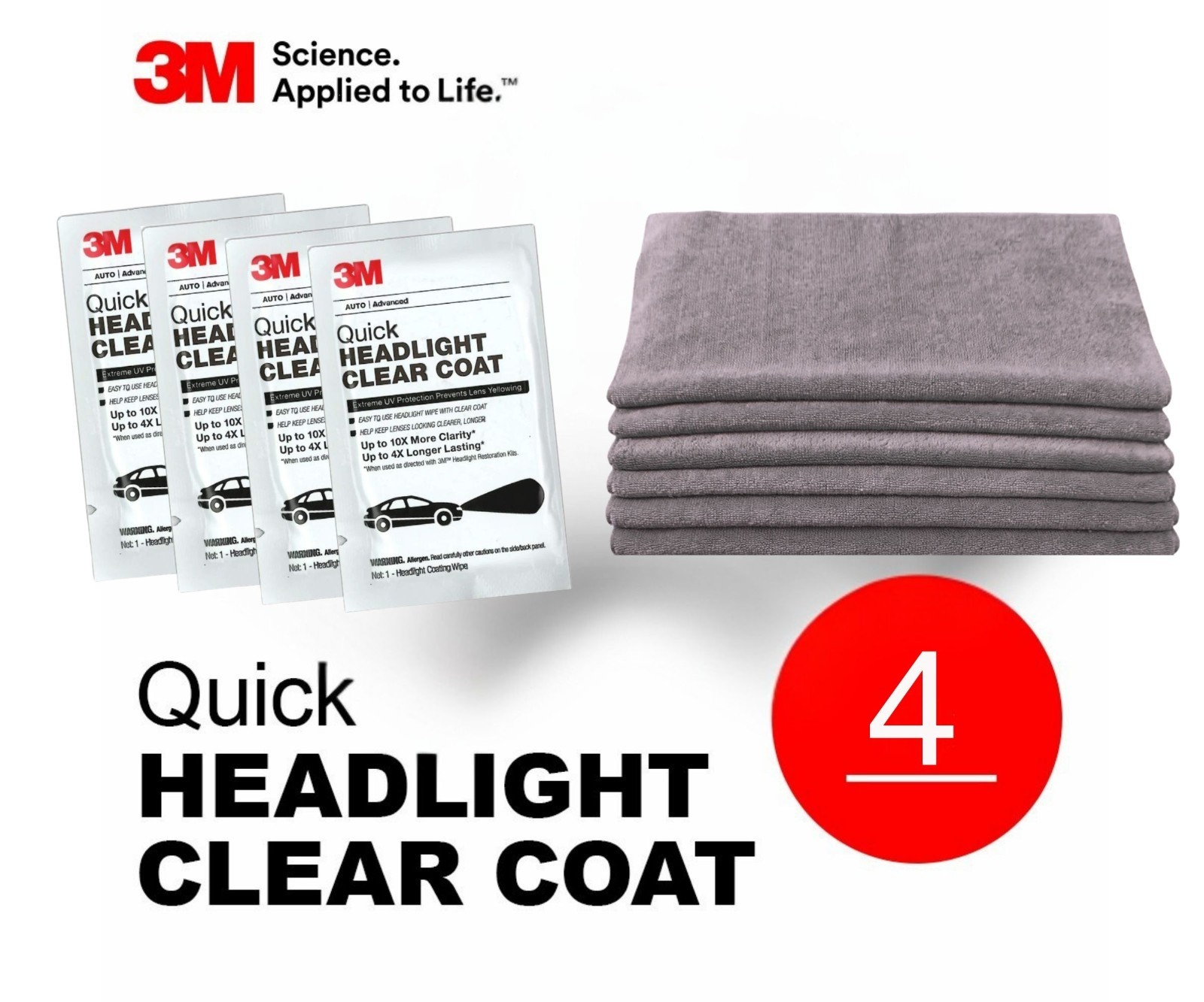3M Quick Headlight Clear Coat 4x wipe with 6pcs Microfiber 12x12inch lot – Gray