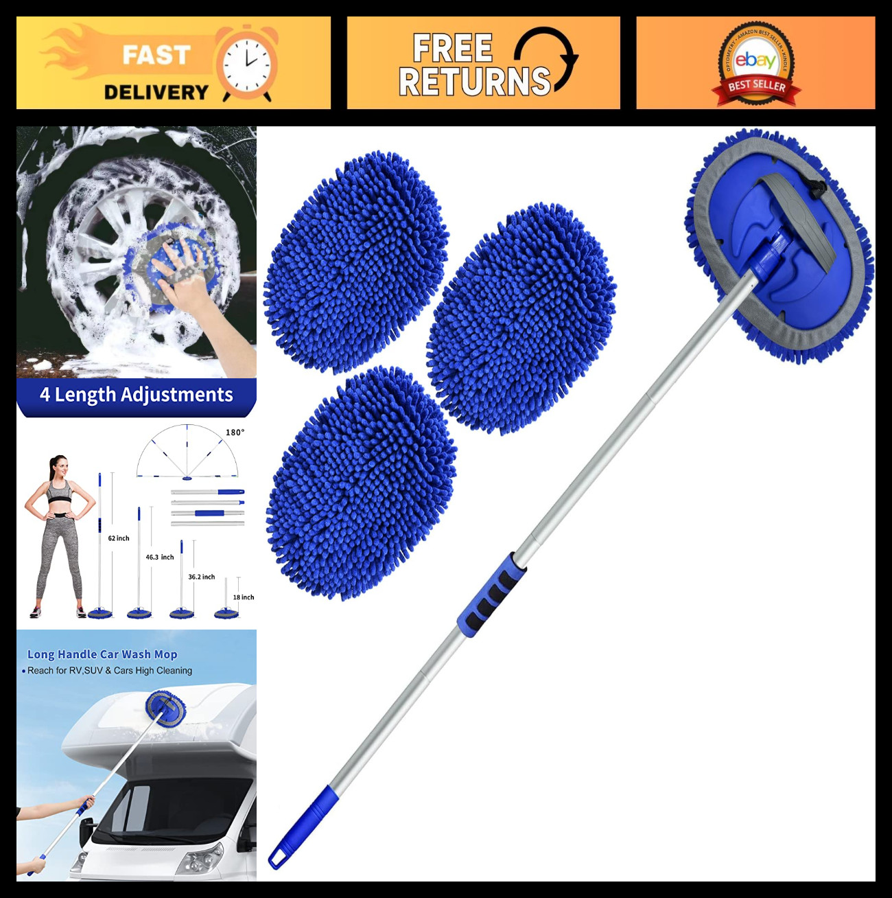 62” Car Wash Brush Kit – Long Handle Chenille Microfiber Mop Mitt, Scratch-Free