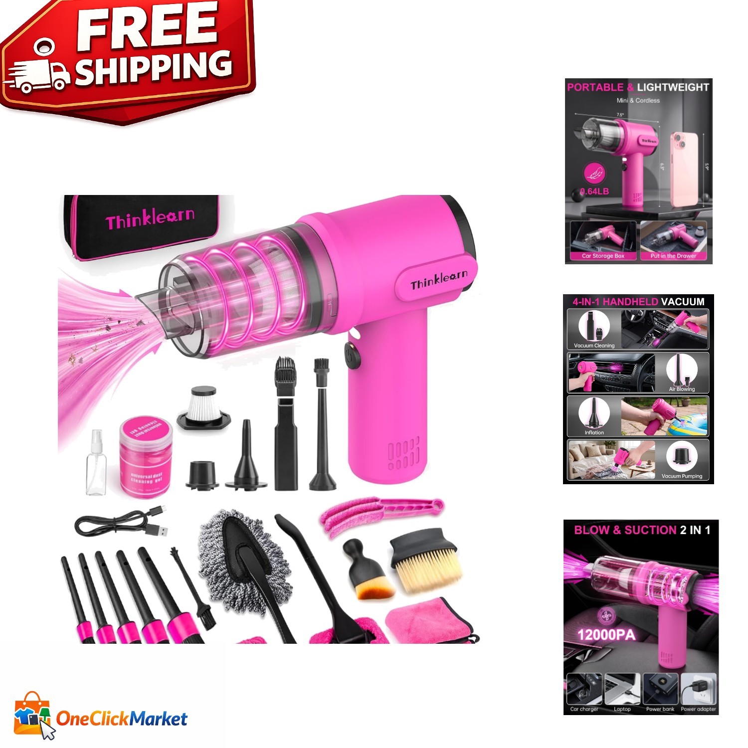 Elegant Portable 4-in-1 Car Cleaning Kit: Cordless Vacuum & Detailing Tools