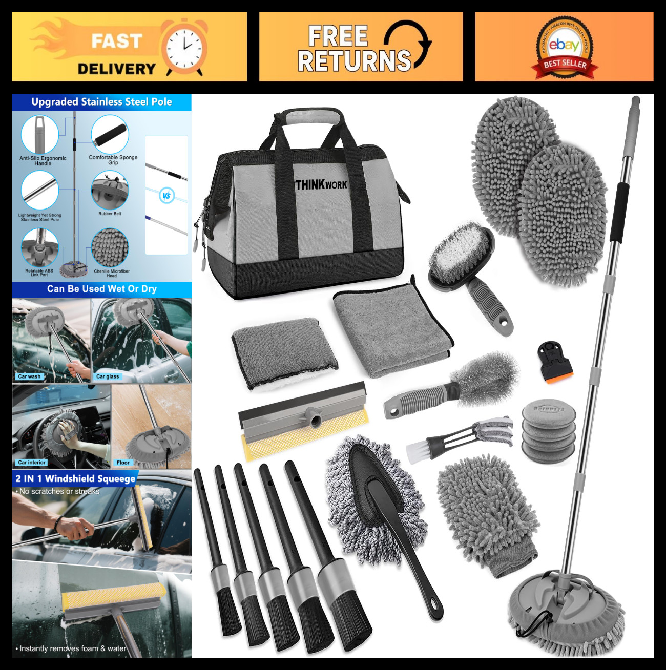 Car Wash Kit – 62″ Extendable Brush Mop, 2-in-1 Squeegee & 9 Detailing Brushes