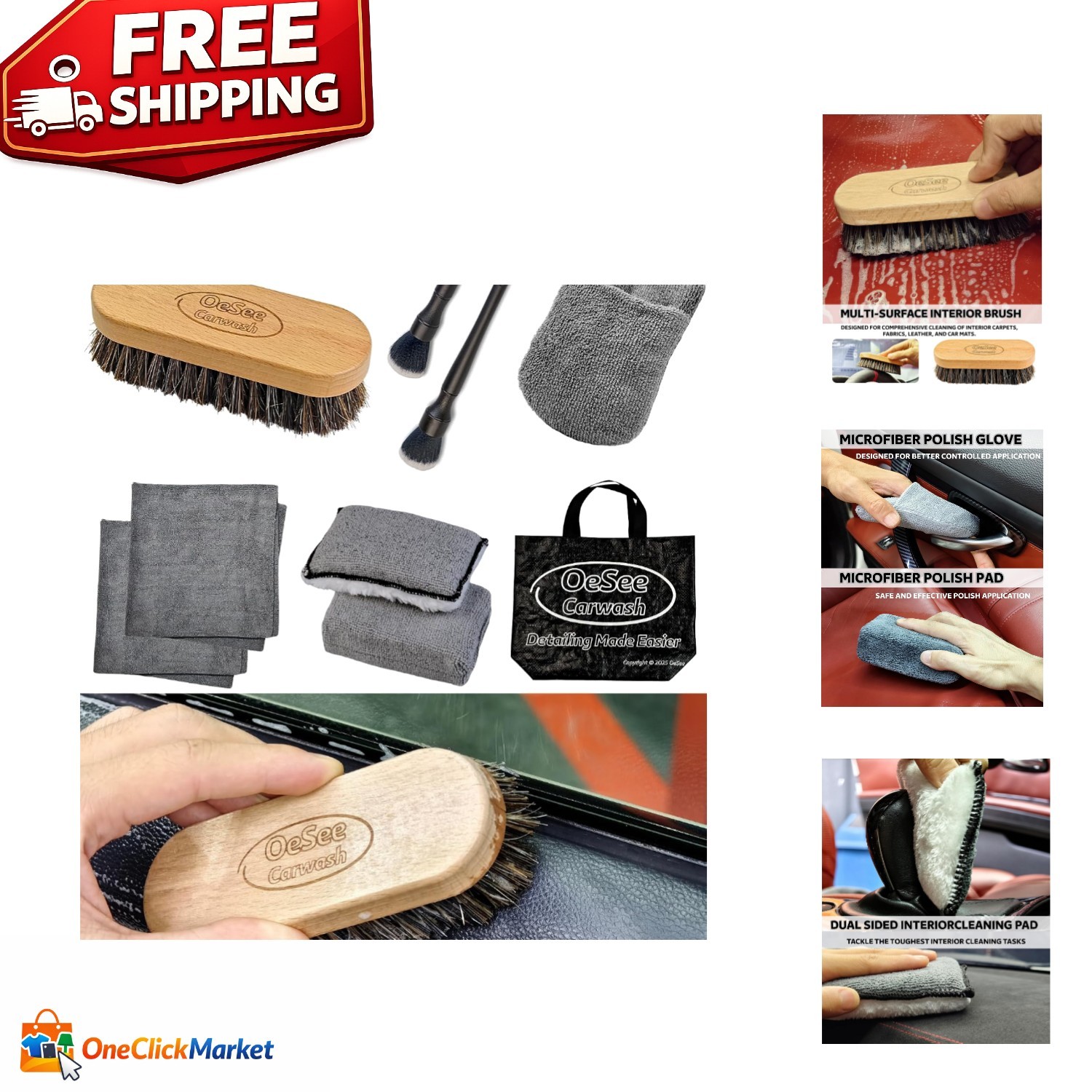 Versatile 9-Piece Auto Detailing Kit – Boar Brush & Dual-Sided Sponge Included