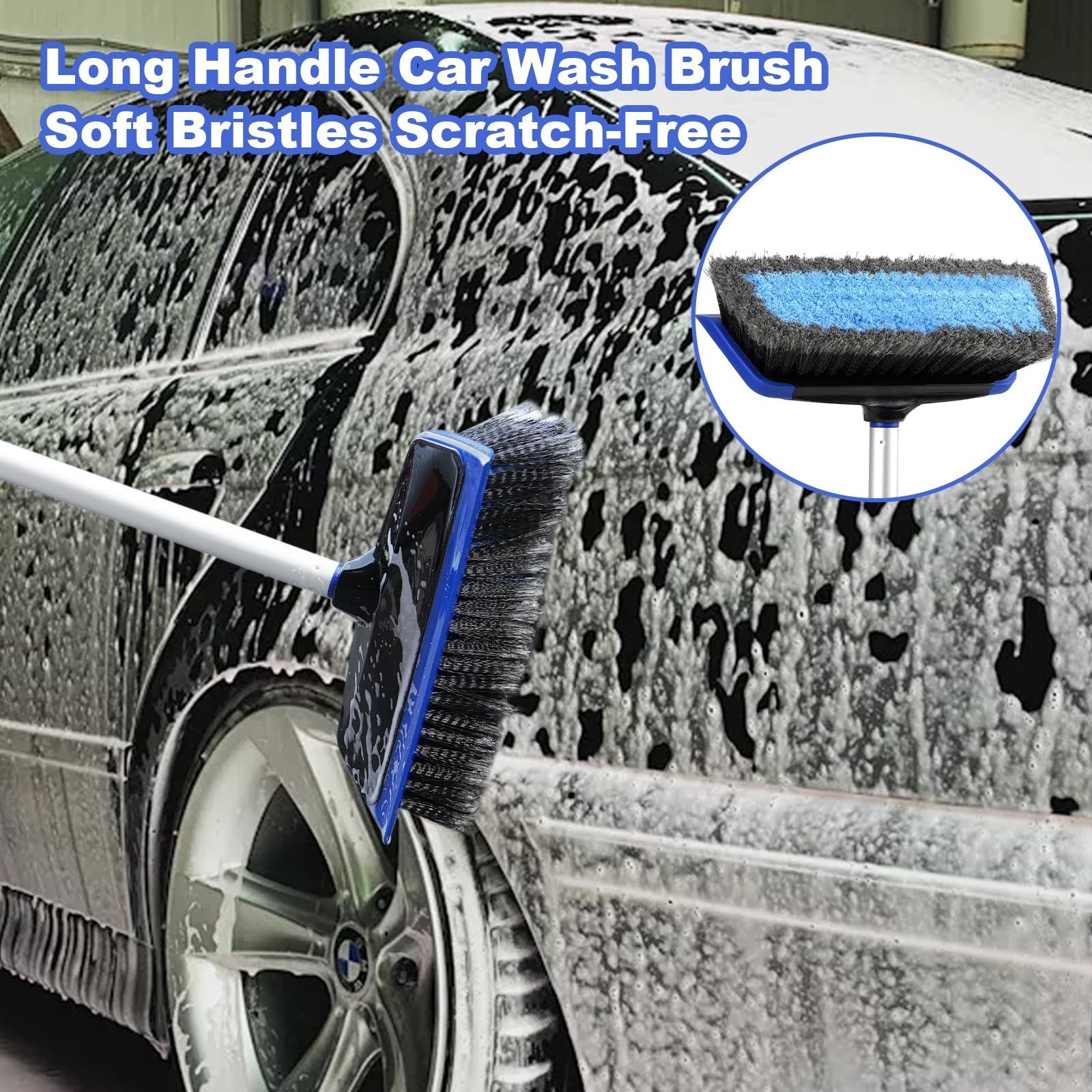 62” Long Handle Car Wash Brush Kit – Scratch-Free Mop, Bucket, Mitt, Squeegee &