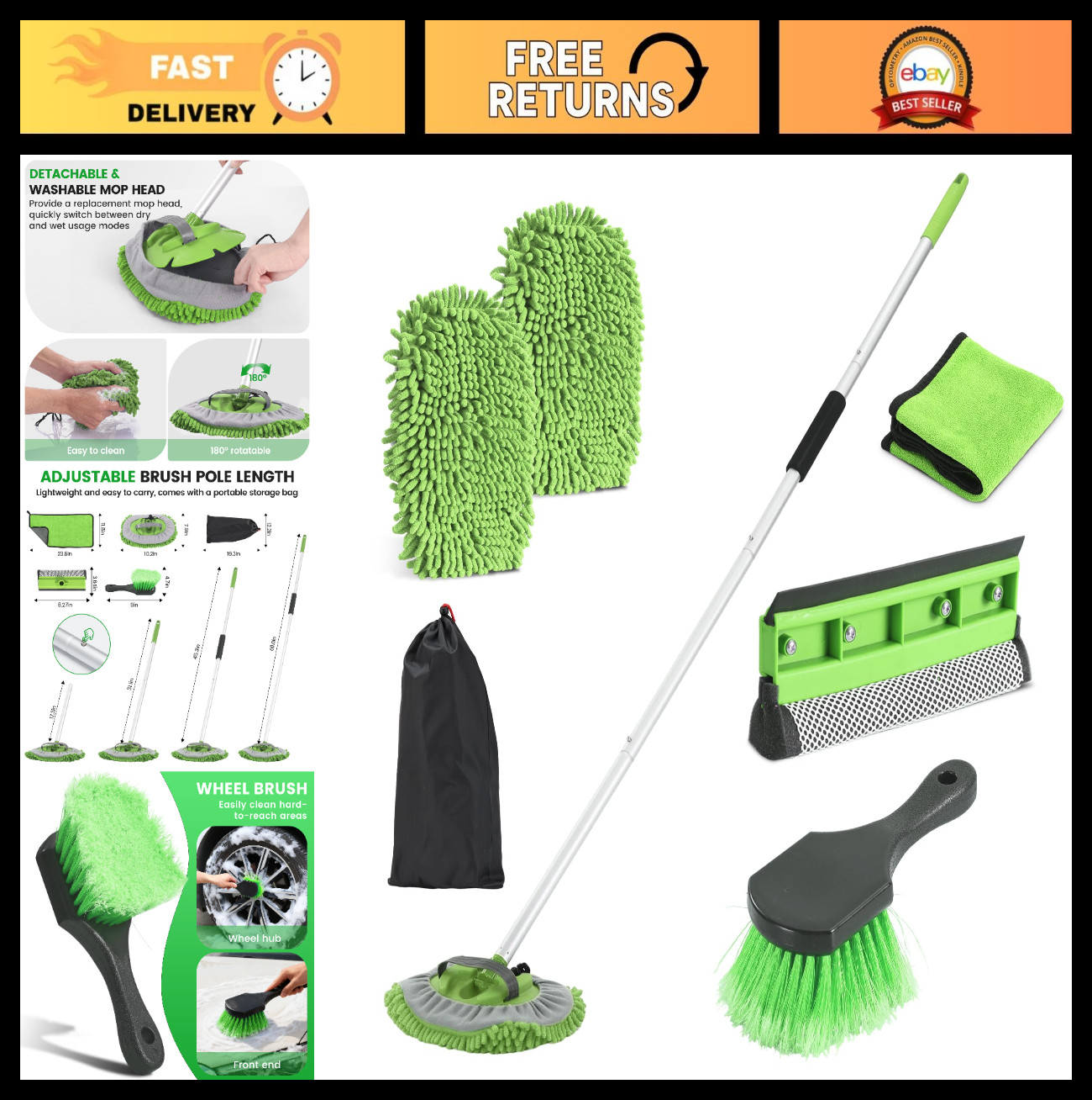 Long Handle Car Wash Brush 62” Mop Kit, 7Pcs Microfiber Towels, Squeegee, Wheel