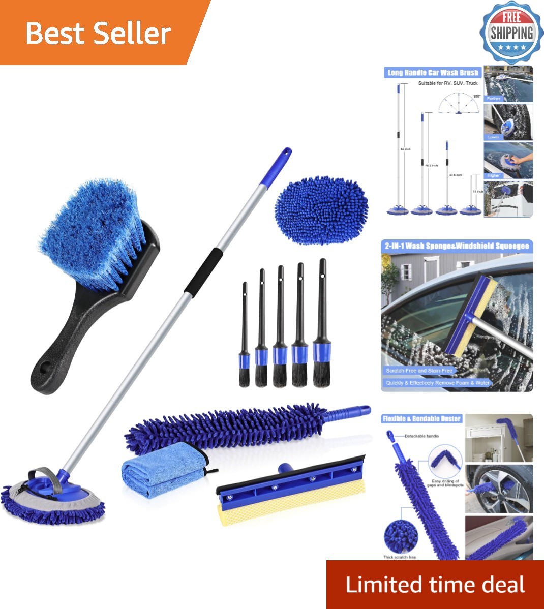 All-in-One 10PC Professional Car Wash Kit – 62″ Brush & Accessories Included