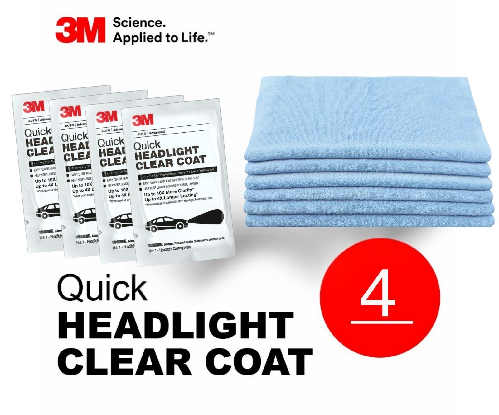 3M Quick Headlight Clear Coat 4x wipe and 6x Microfiber 12×12″ Lot – Blue