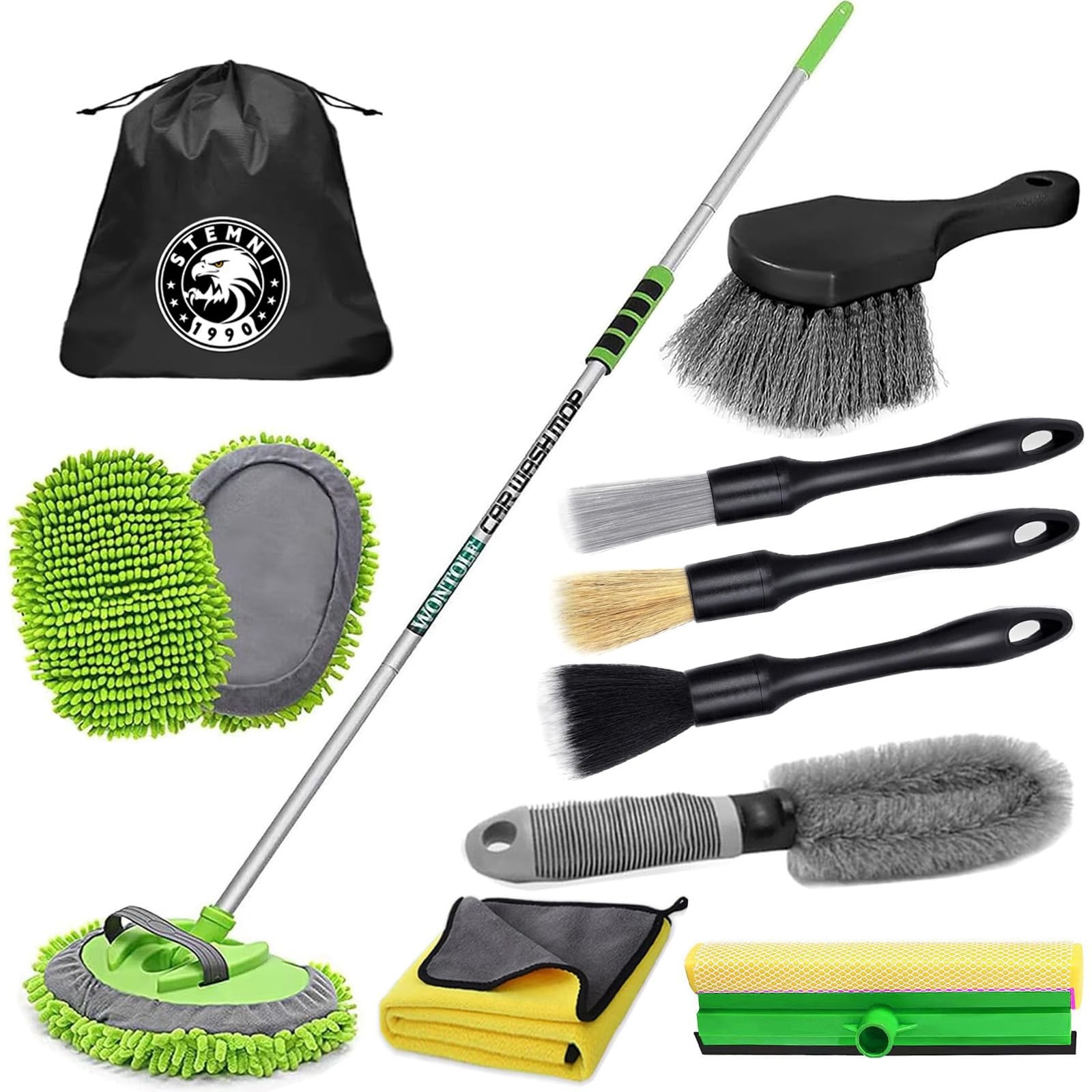 Stemni 14Pcs Car Wash Kit, 62” Brush with Long Handle, Green-14pcs