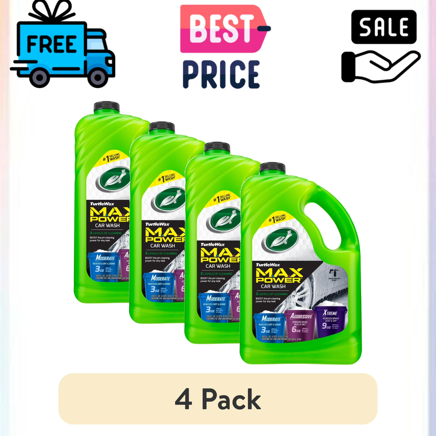 (4 Pack) Turtle Wax Max Power Car Wash 3 Levels Cleaning Formula 100 fl oz