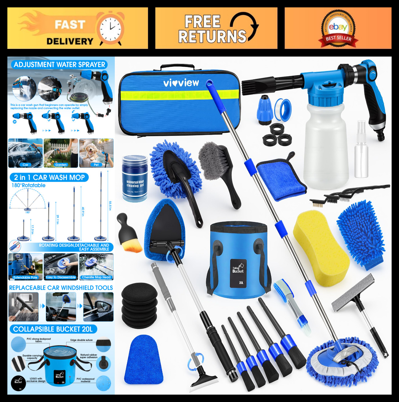 36Pcs Car Wash Detailing Kit with Foam Gun, Long-Handle Brush, Collapsible Bucke