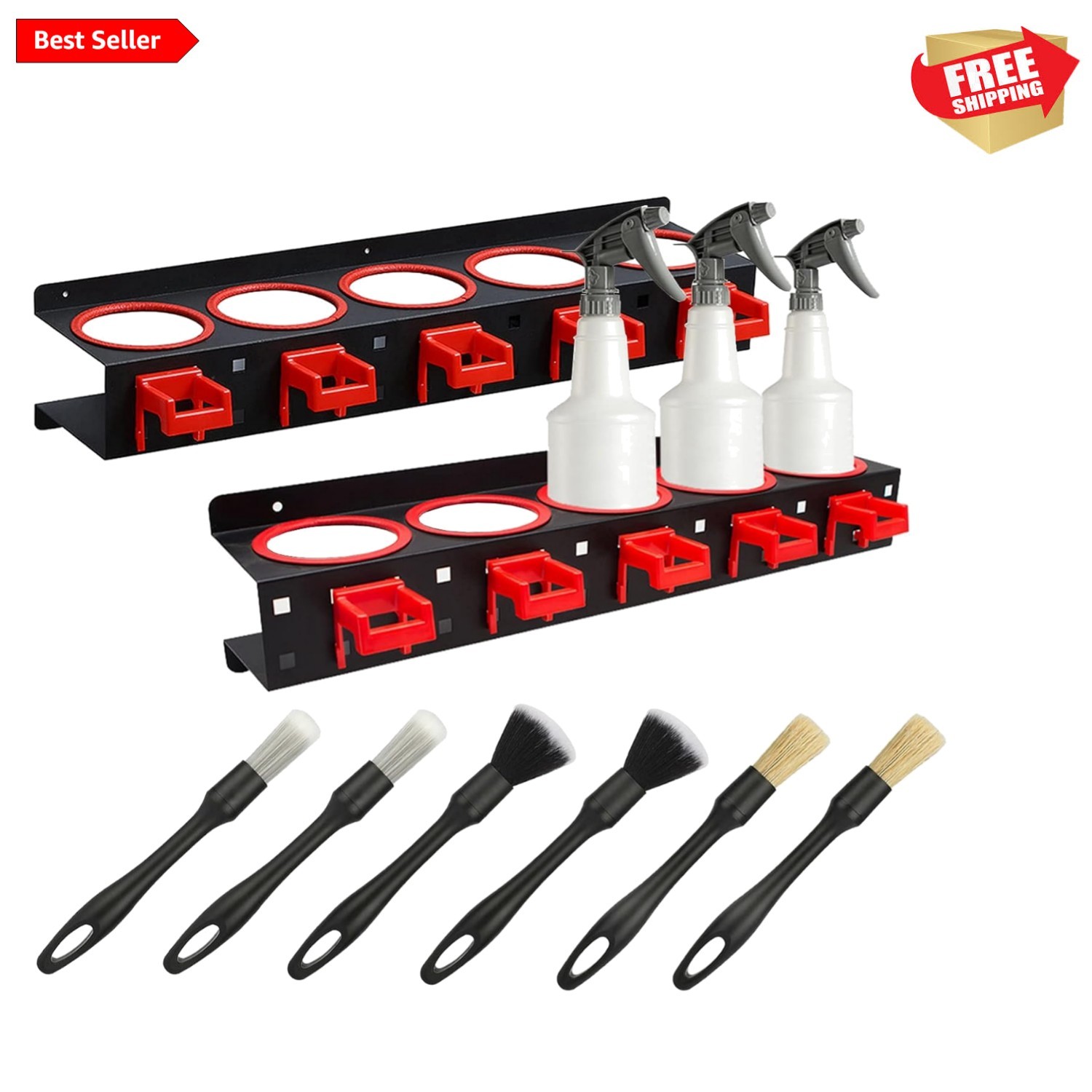 Durable Wall-Mounted Spray Bottle Holder with Cleaning Brush Kit – Black & Red