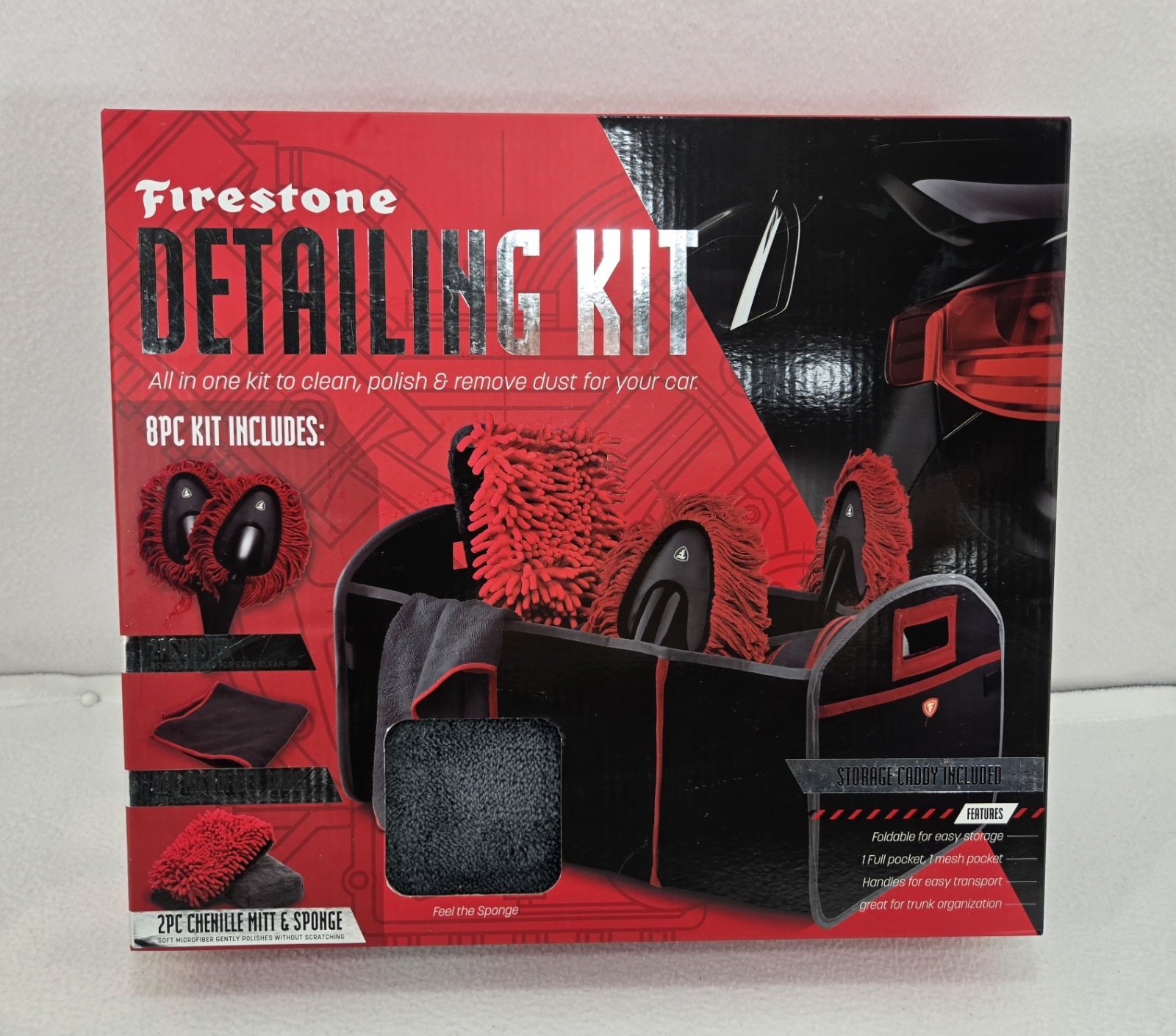 Firestone Car Detailing Kit All In One Car Care Duster Towel Mitt Sponge Caddy