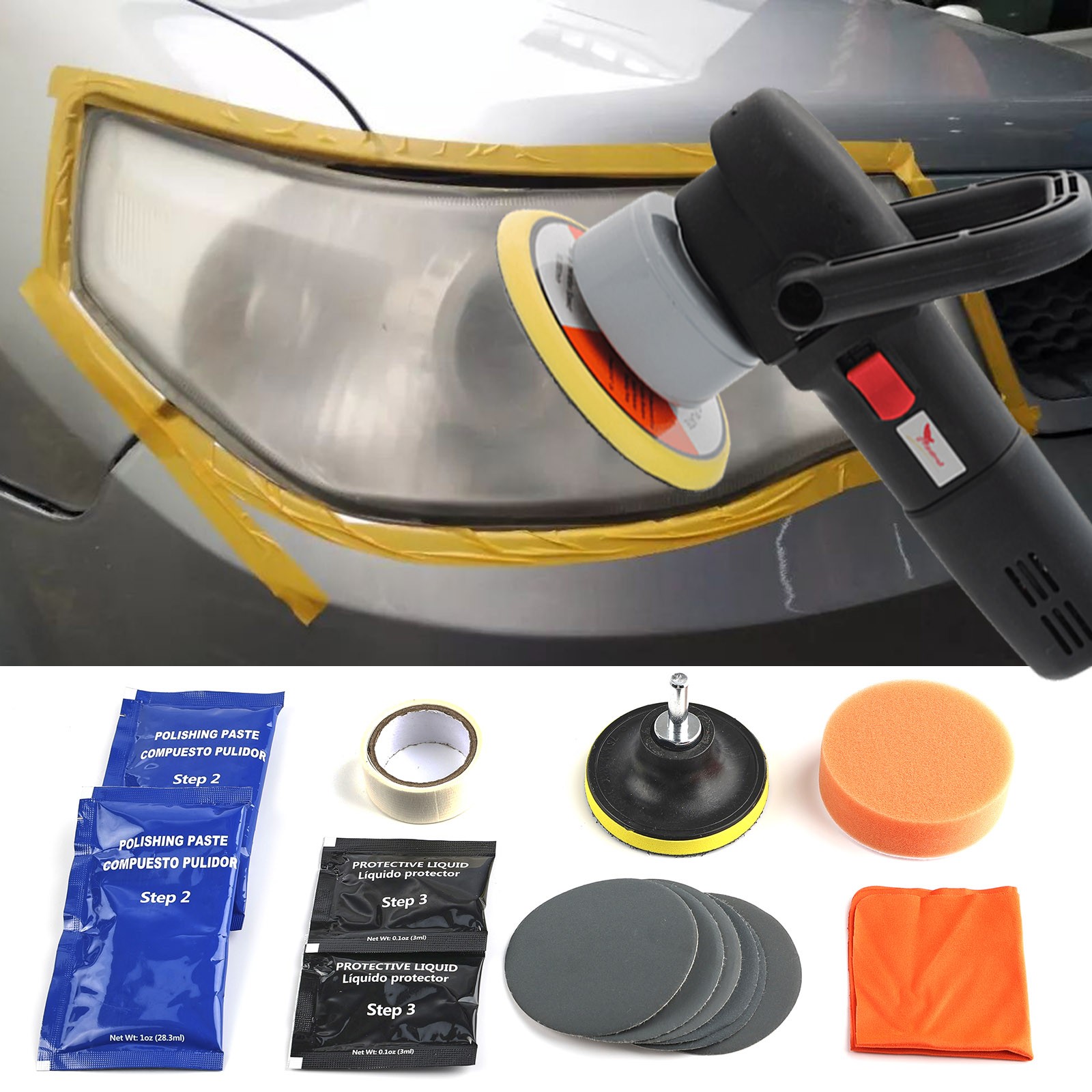 Heavy Duty Headlight Restoration Kit Car Lens Lamp Sanding Cleaning Repair Tools