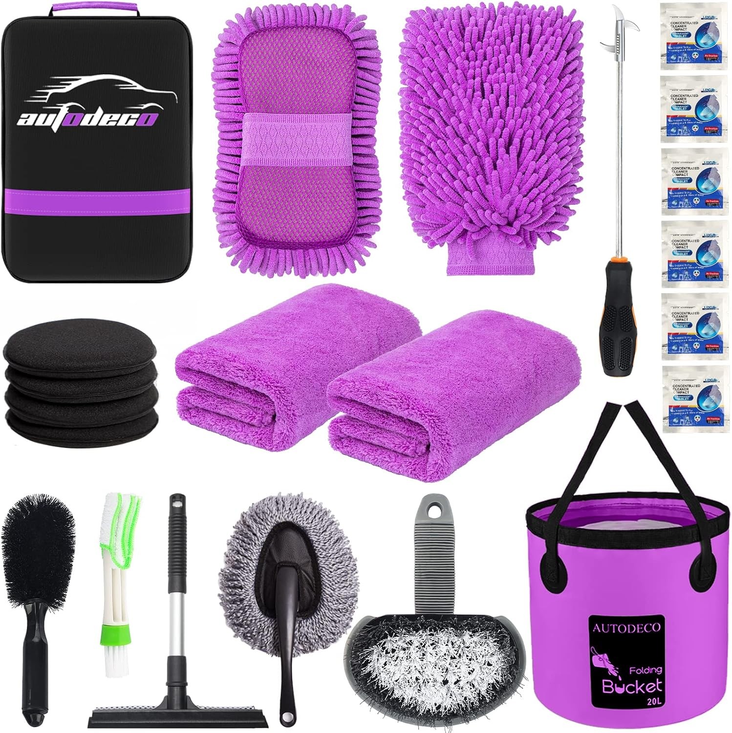 22Pcs Car Wash Cleaning Tools Kit Canvas Bag, Purple Collapsible Bucket, Wash Mi