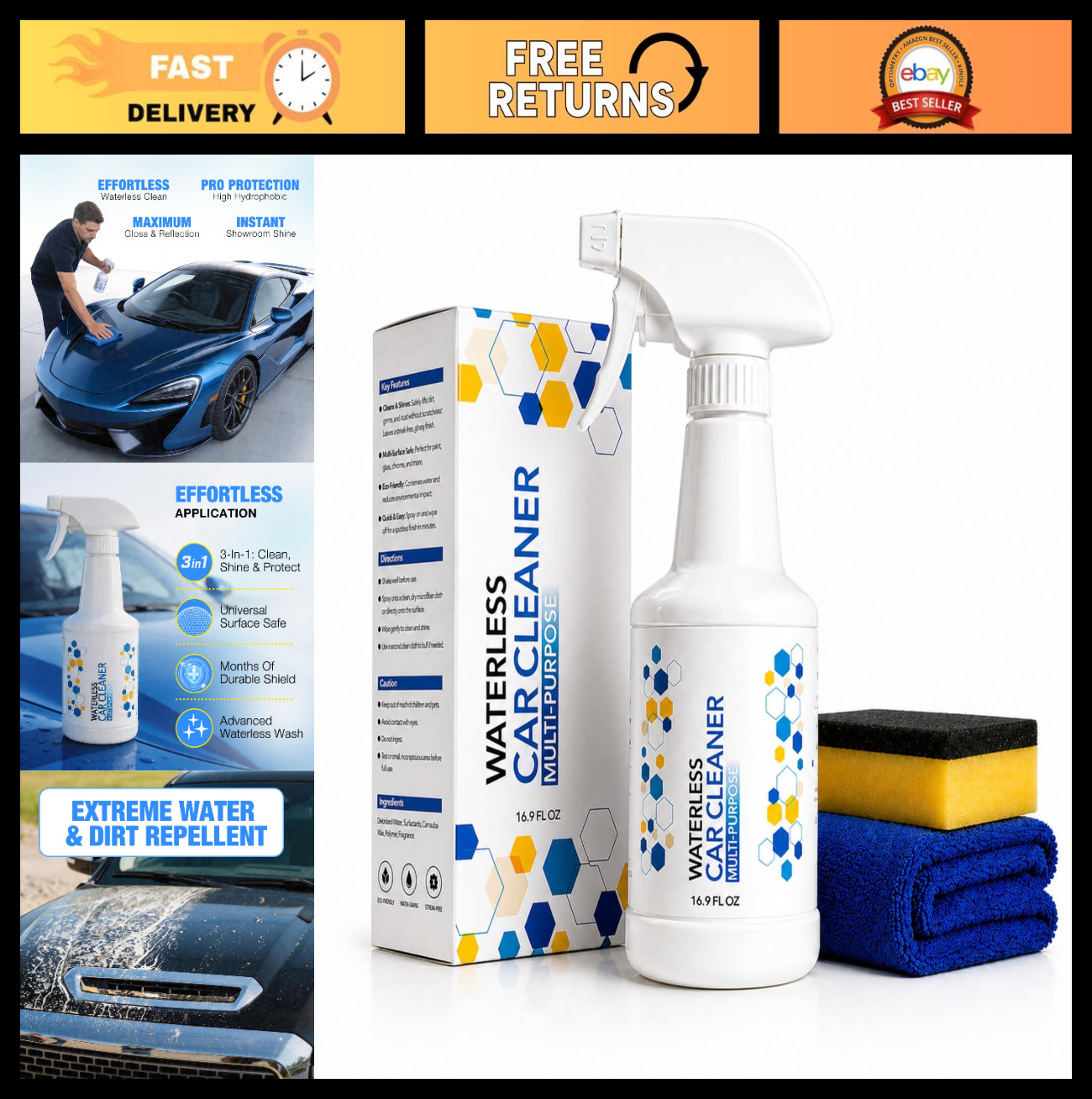 3-in-1 Waterless Car Wash Spray – Ceramic Coating, Quick Detailer, Nano Barrier