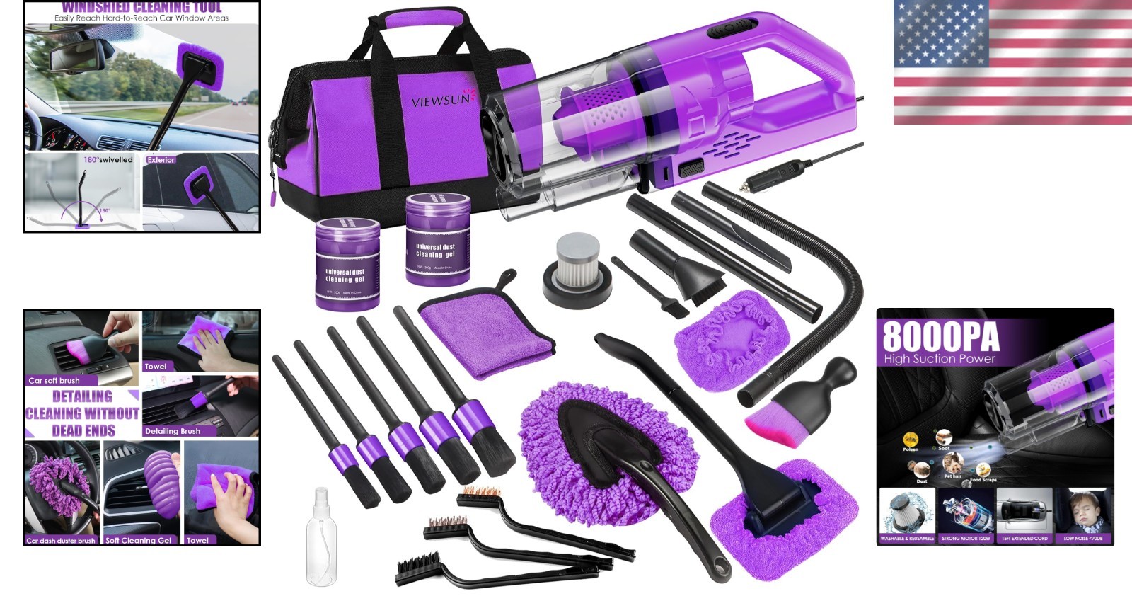 Effortless Car Cleaning with 17PCS Purple Detail Kit & High Power Vacuum Cleaner