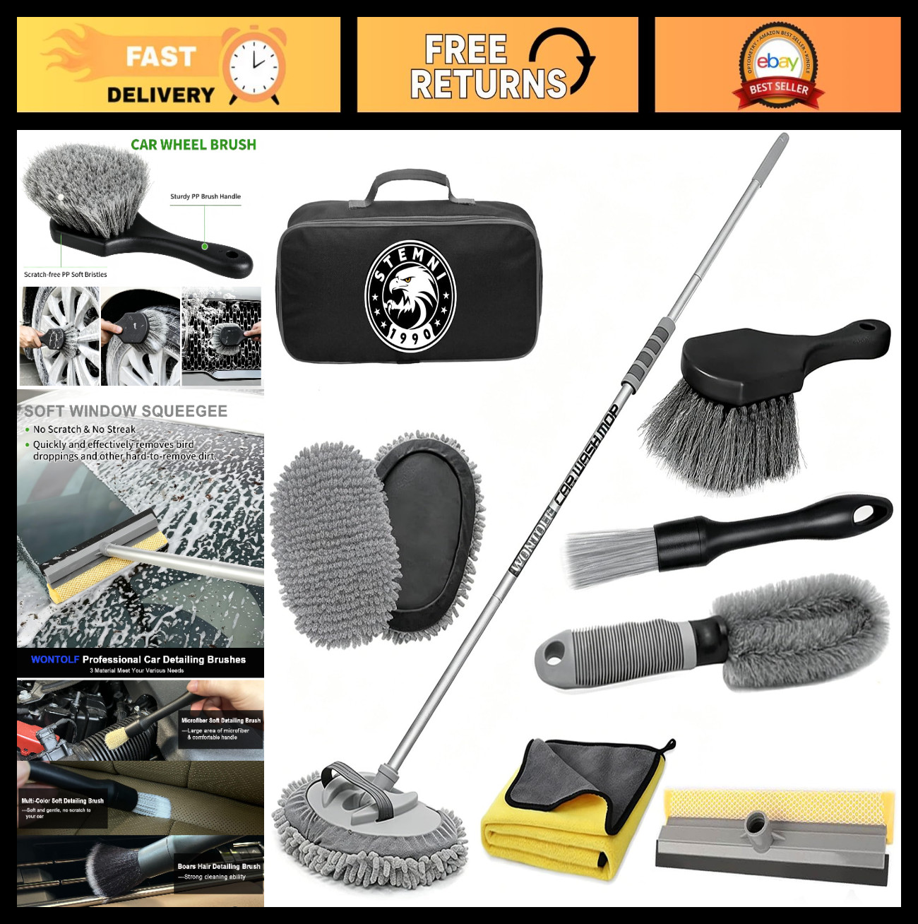 12Pcs Car Wash Kit – 62” Long Handle Microfiber Brush & Mitt for Cars, RVs, Tru