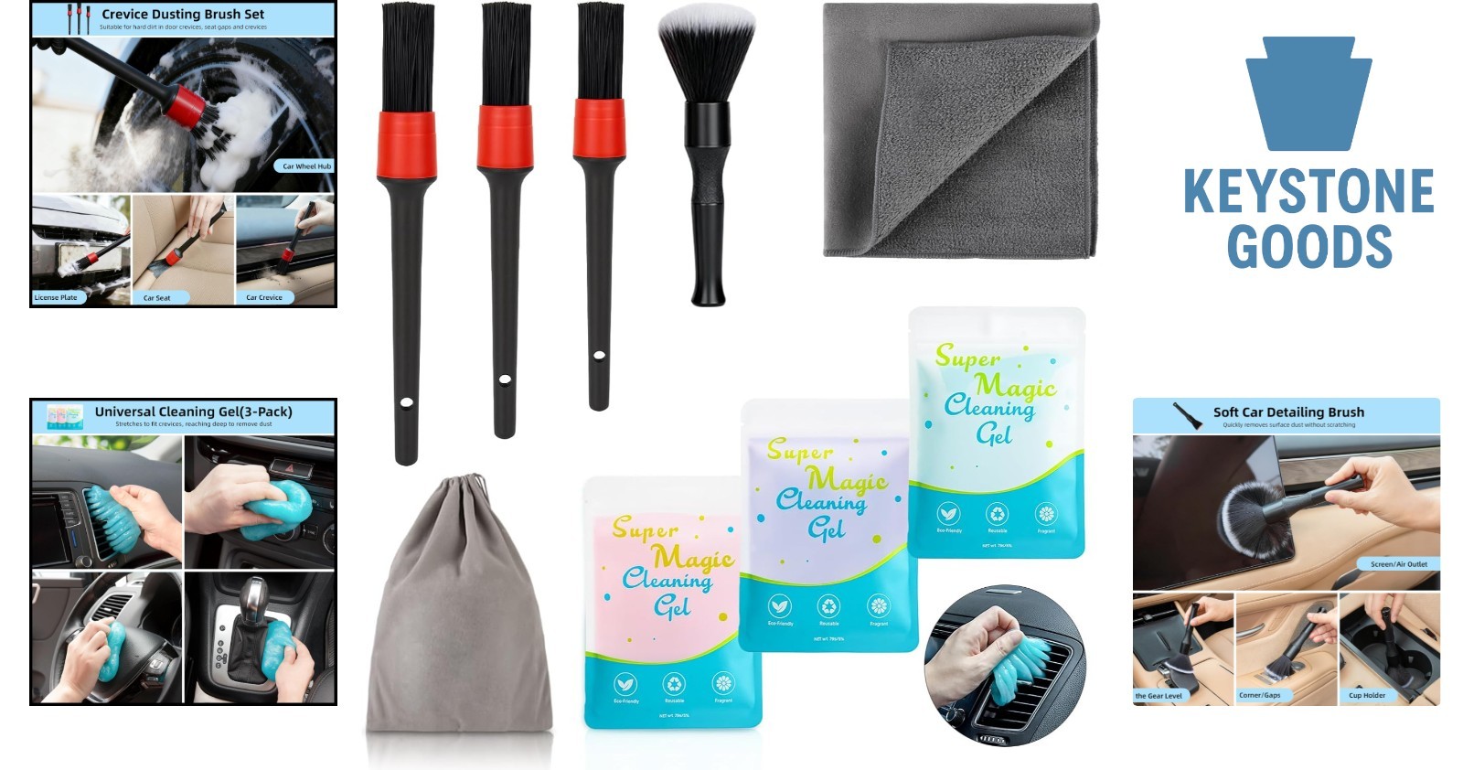9-Piece Car Interior Detailing Kit with Brushes, Gel & Microfiber Towel