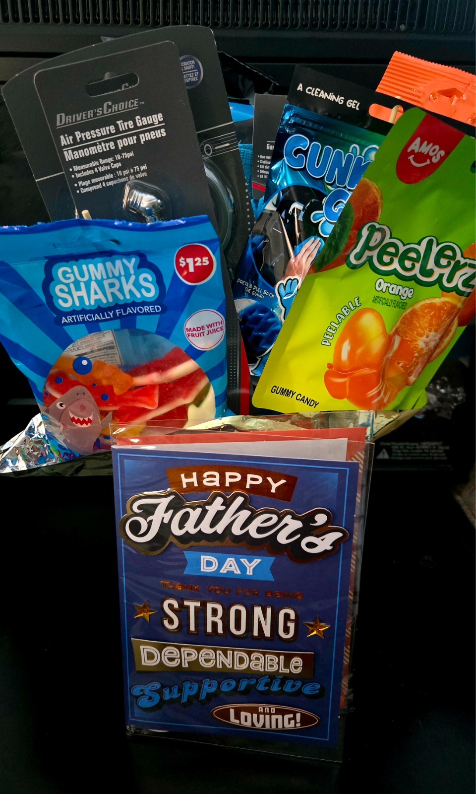 Father’s Day Car Care & Candy Gift Bundle – Tire Gauge, Cleaning Gel, Peelable G