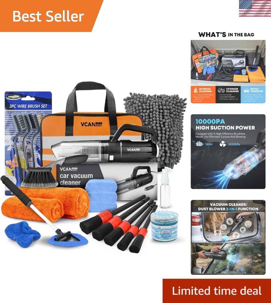 Complete Auto Detailing Kit with Powerful 10000Pa Vacuum Cleaner & Pro Brushes