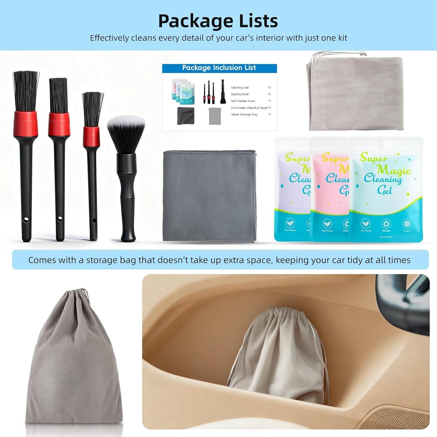 9-Piece Car Interior Detailing Kit with Brushes, Gel & Microfiber Towel