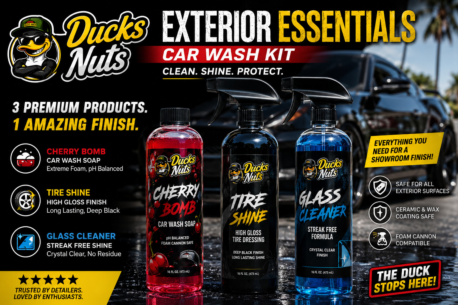 Ducks Nuts Exterior Essentials Car Wash Kit Shampoo Tire Shine Glass Cleaner