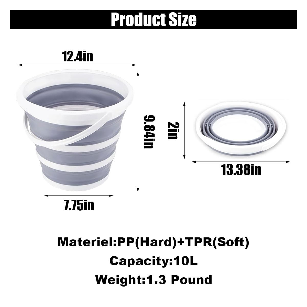 GLSOWEE Car Collapsible Bucket, 10L 2.6 Gallon Folding Bucket Auto Gray