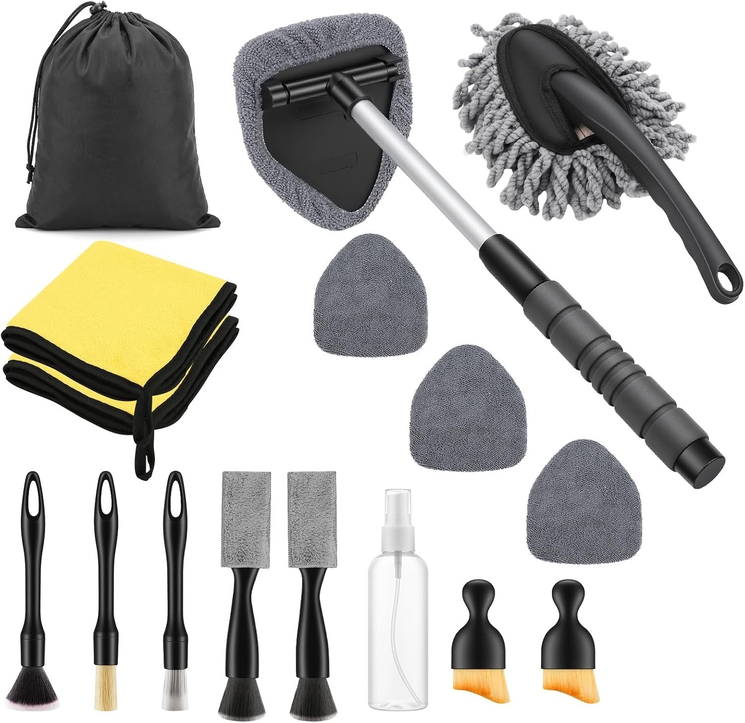 Portable 17-Piece Car Cleaning Kit with Microfiber Pads & Detailing Brushes