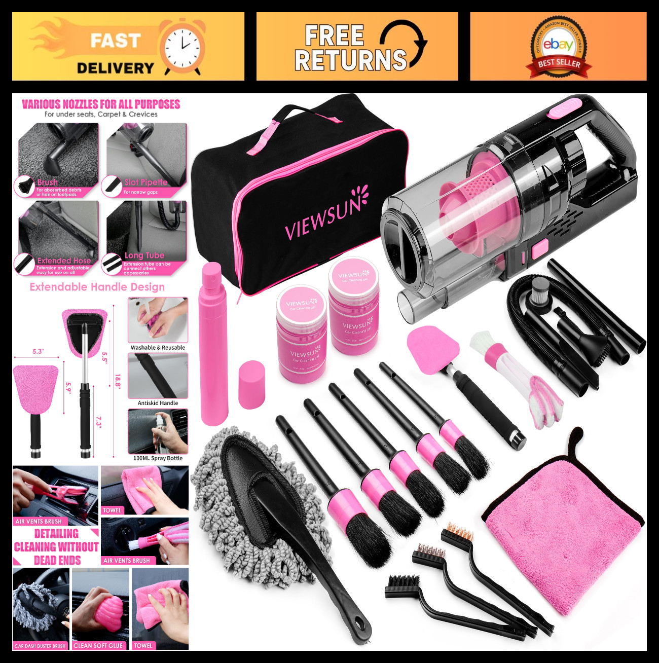 17pcs Car Cleaning Kit – Pink Interior Detailing, Handheld Vacuum, Brushes & Gel