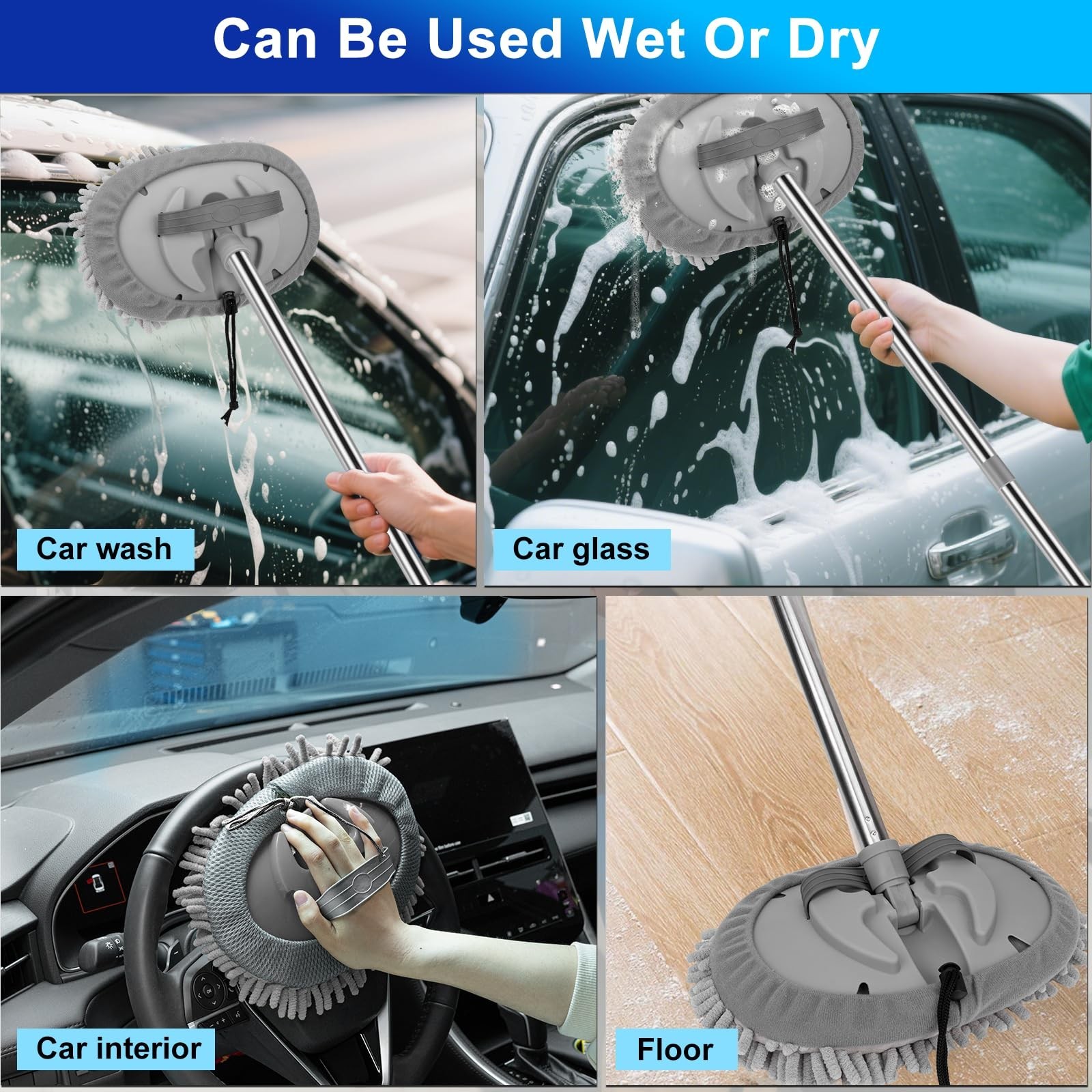 Car Wash Kit – 62″ Extendable Brush Mop, 2-in-1 Squeegee & 9 Detailing Brushes