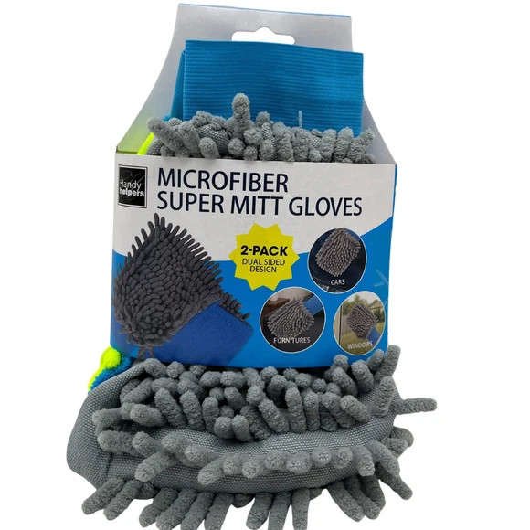 2 Pack Dual-Sided Microfiber Mitt Gloves Grey+Yellow Color-Coded Car Wash Polish