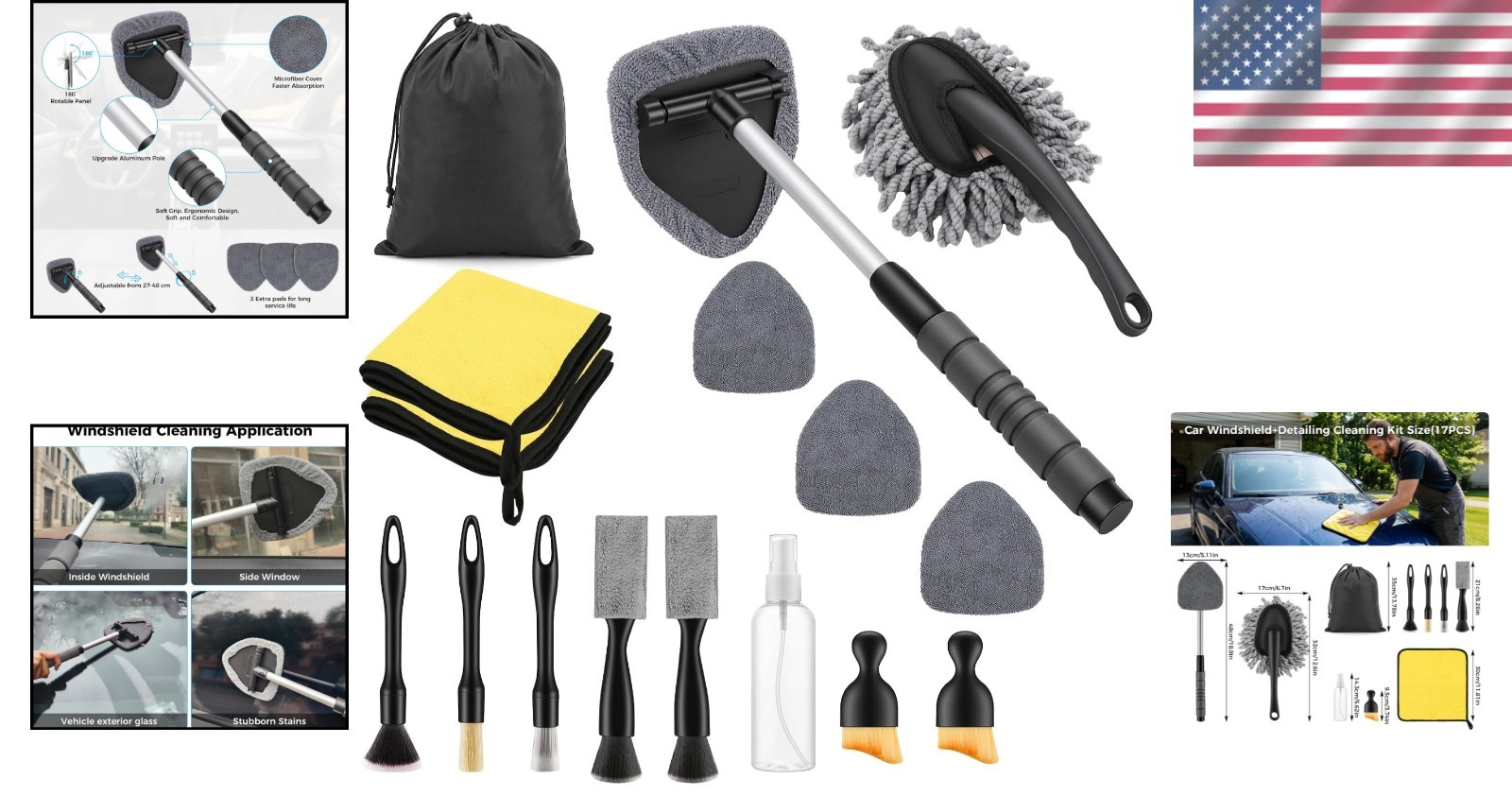 Portable 17-Piece Car Cleaning Kit with Microfiber Pads & Detailing Brushes