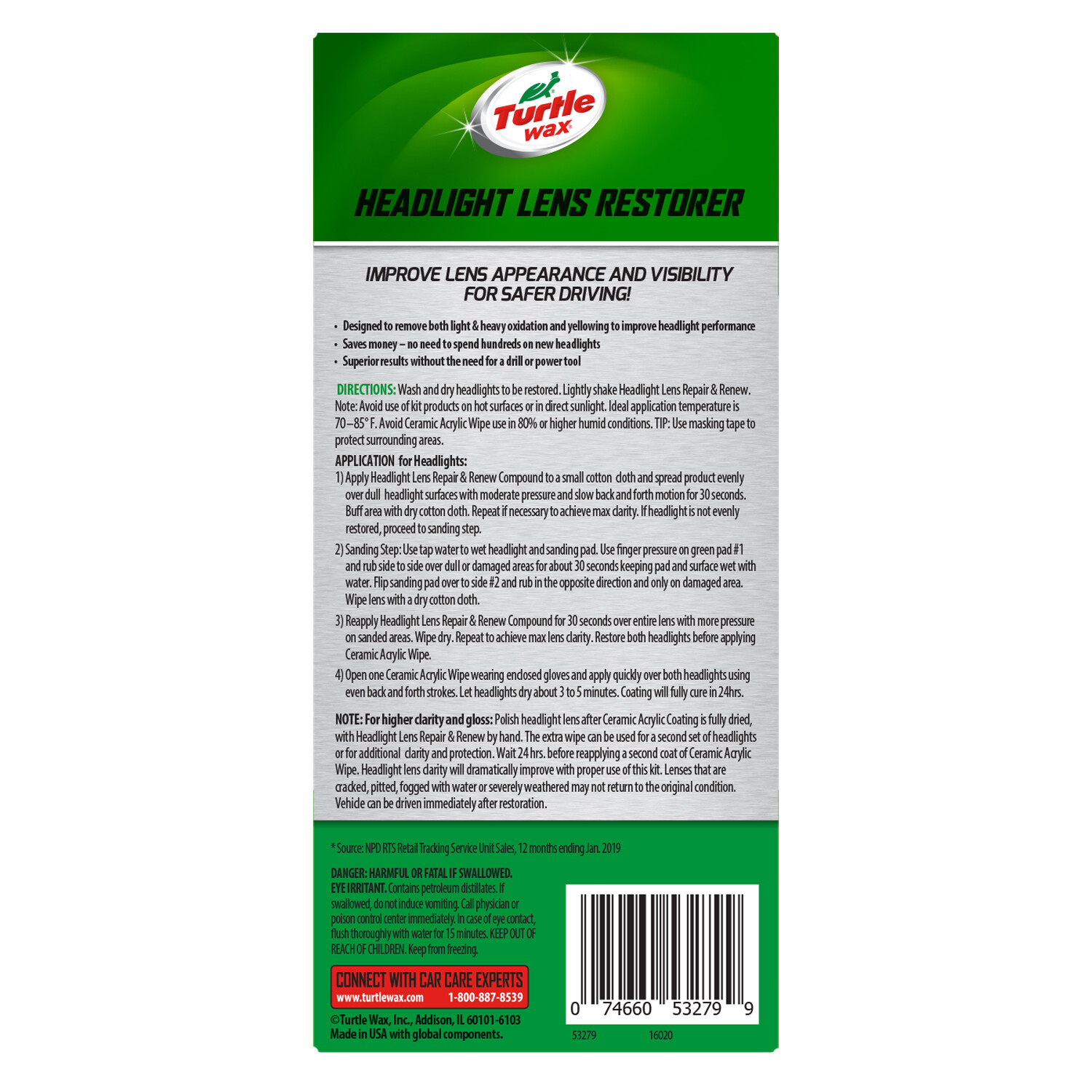 Turtle Wax HEADLIGHT LENS RESTORER KIT All Lenses Plexiglass Plastic CERAMIC WIP