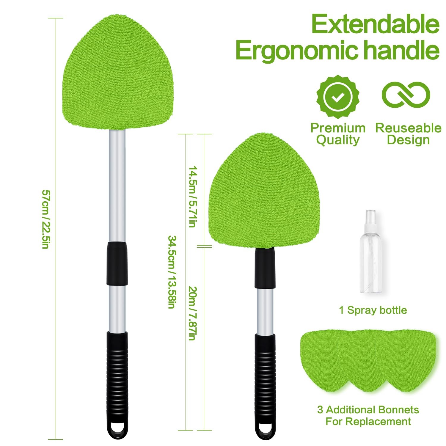 “22.5” Windshield Cleaner Tool Kit Extendable Handle, Microfiber Pads &