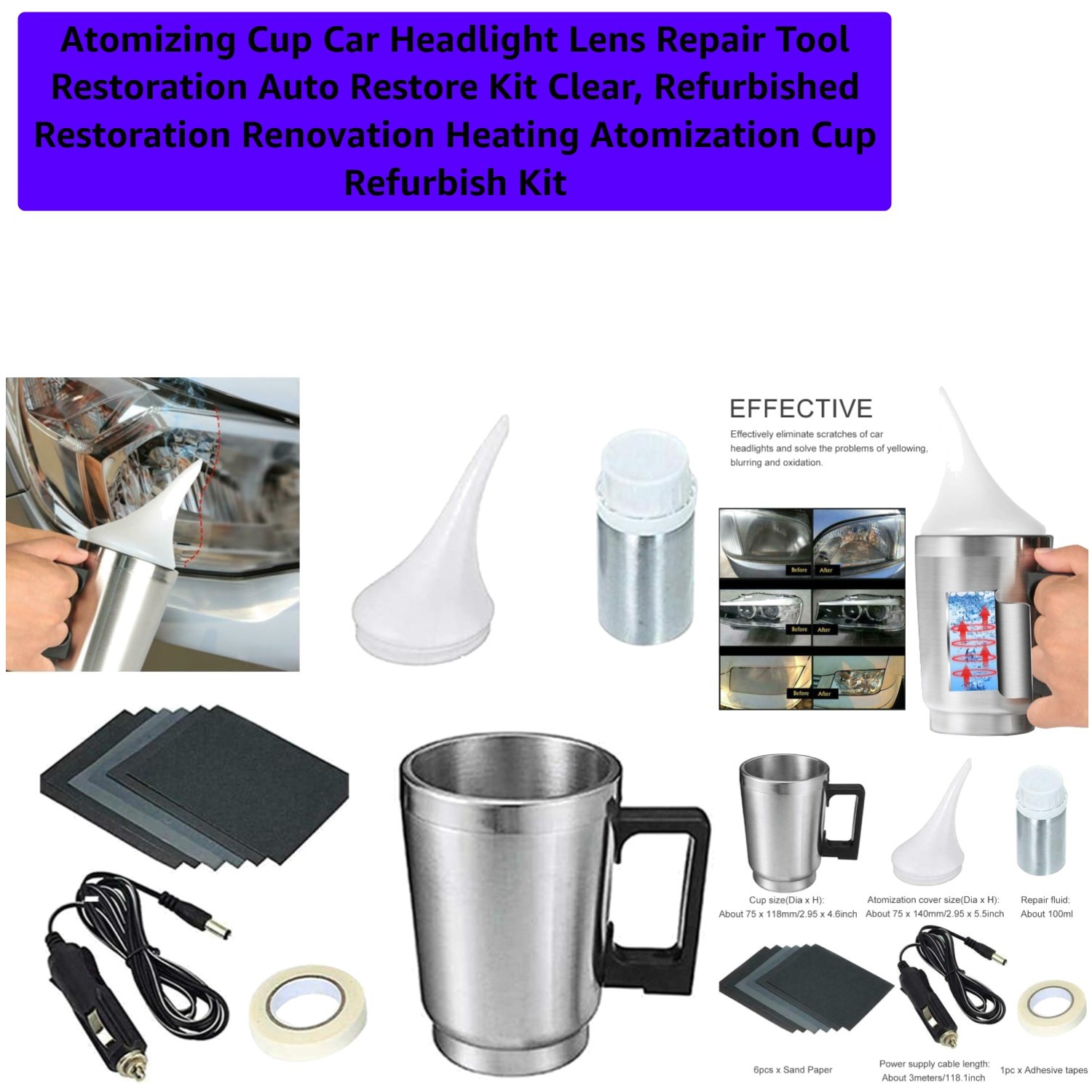 Atomizing Cup Car Headlight Lens Repair Tool Restoration Auto Restore Kit Cle…