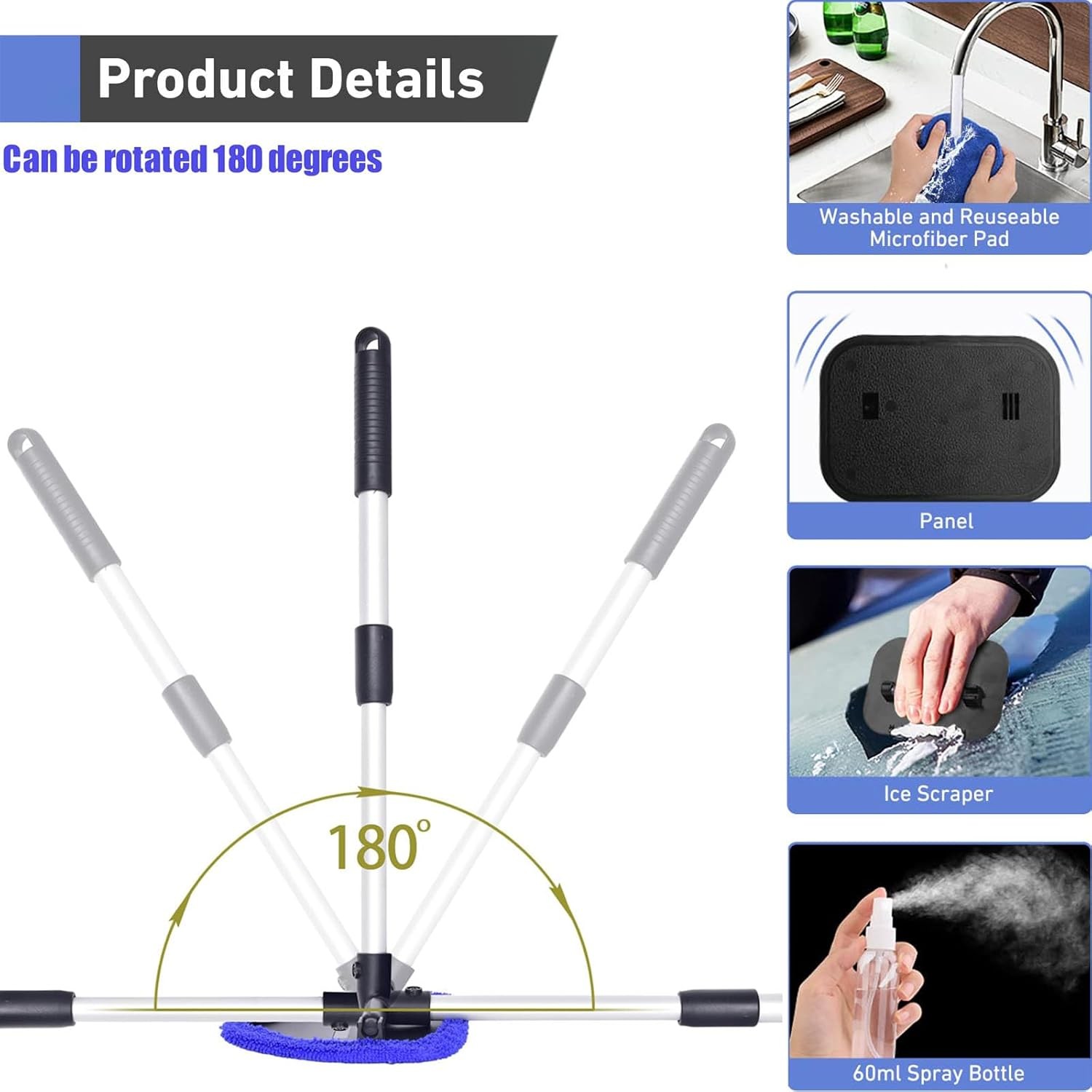 Windshield Cleaning Tool, Car Window Cleaner with 4 Microfiber Pads (Dark Blue)
