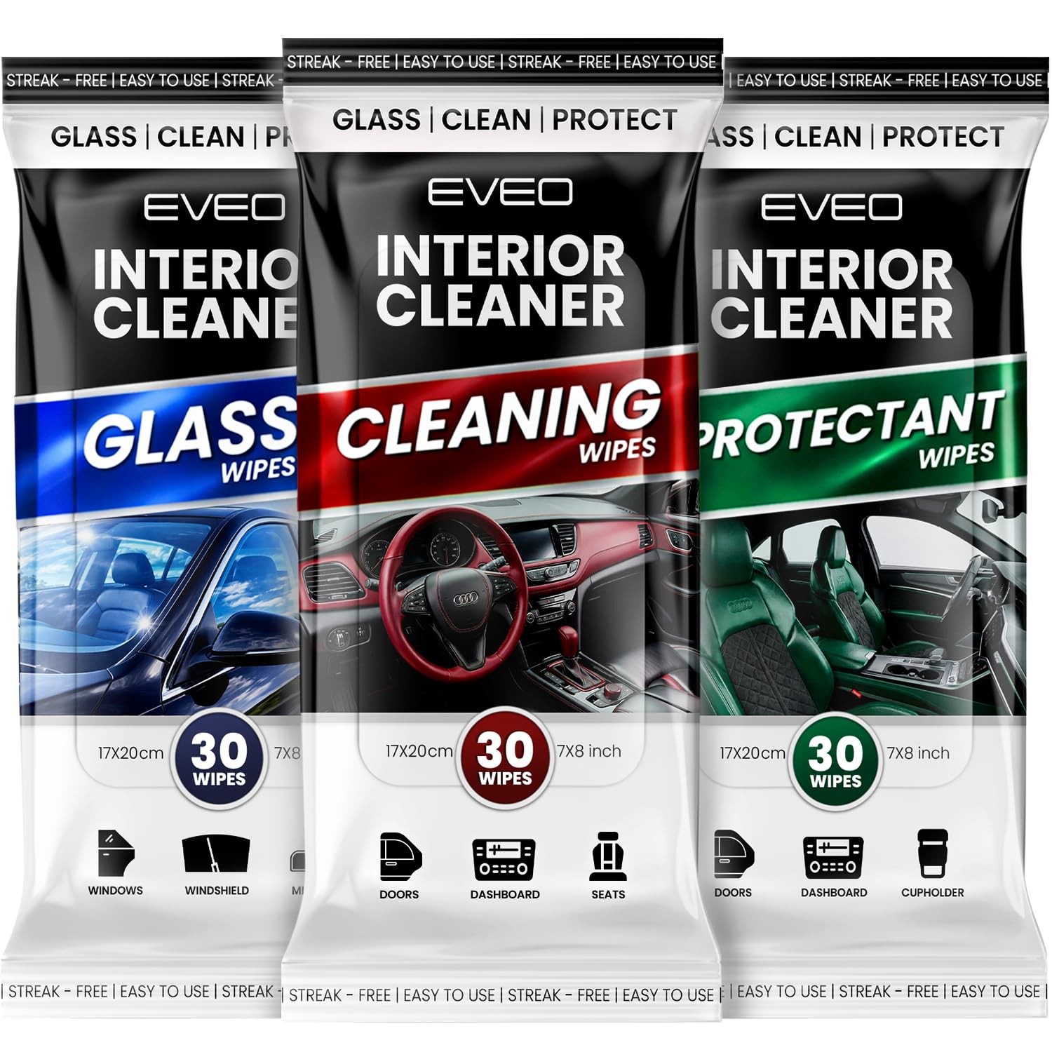 EVEO 3-in-1 Car Cleaning Wipes Kit: Interior, Exterior & Glass (90 Count)