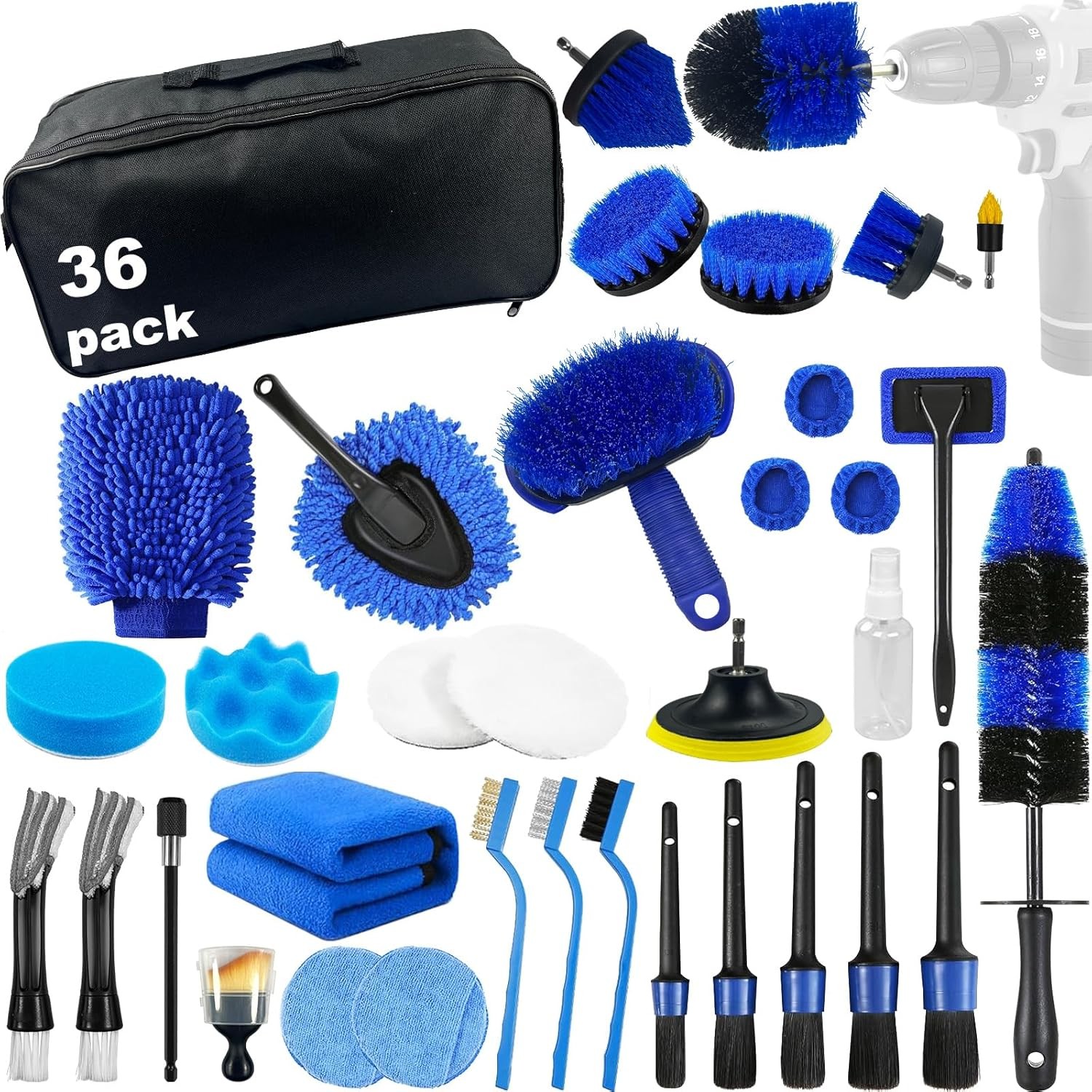 36PCS Car Detailing Kit with Drill Brushes, Polishing Pads & Wash Tools