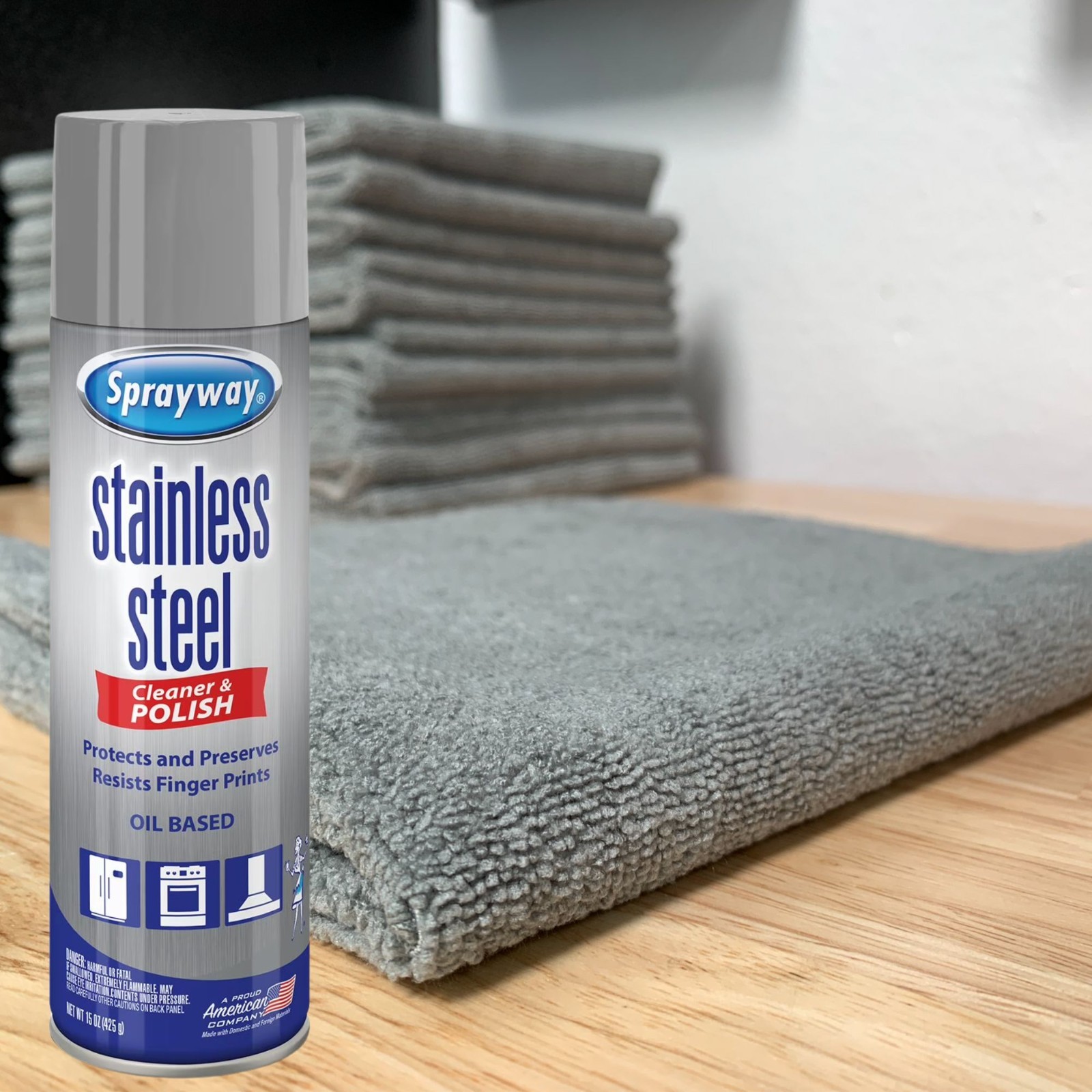 Sprayway Stainless Steel Cleaner & Polisher With 12×12 Microfiber Cloths – Gray