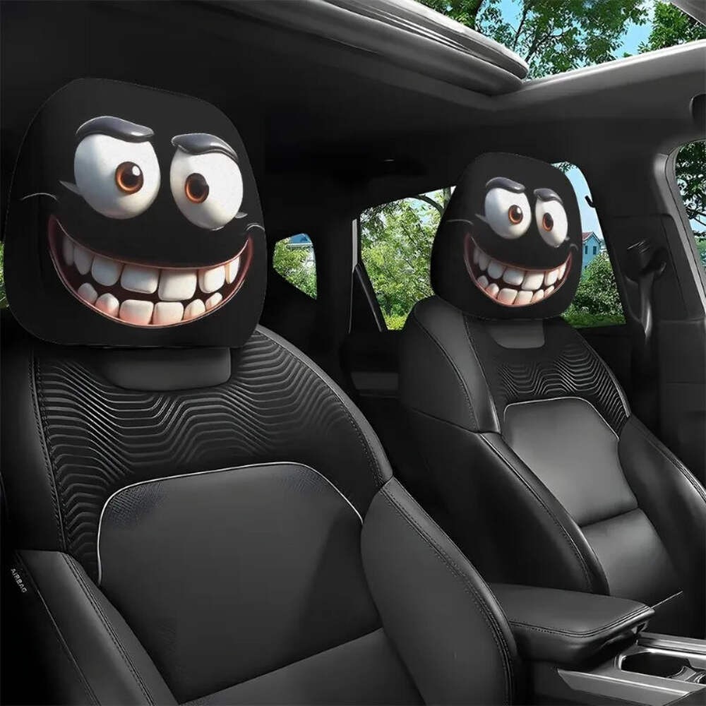 2pcs Funny Big-Eyed Cartoon Print Car Headrest Cover Interior Auto Protector