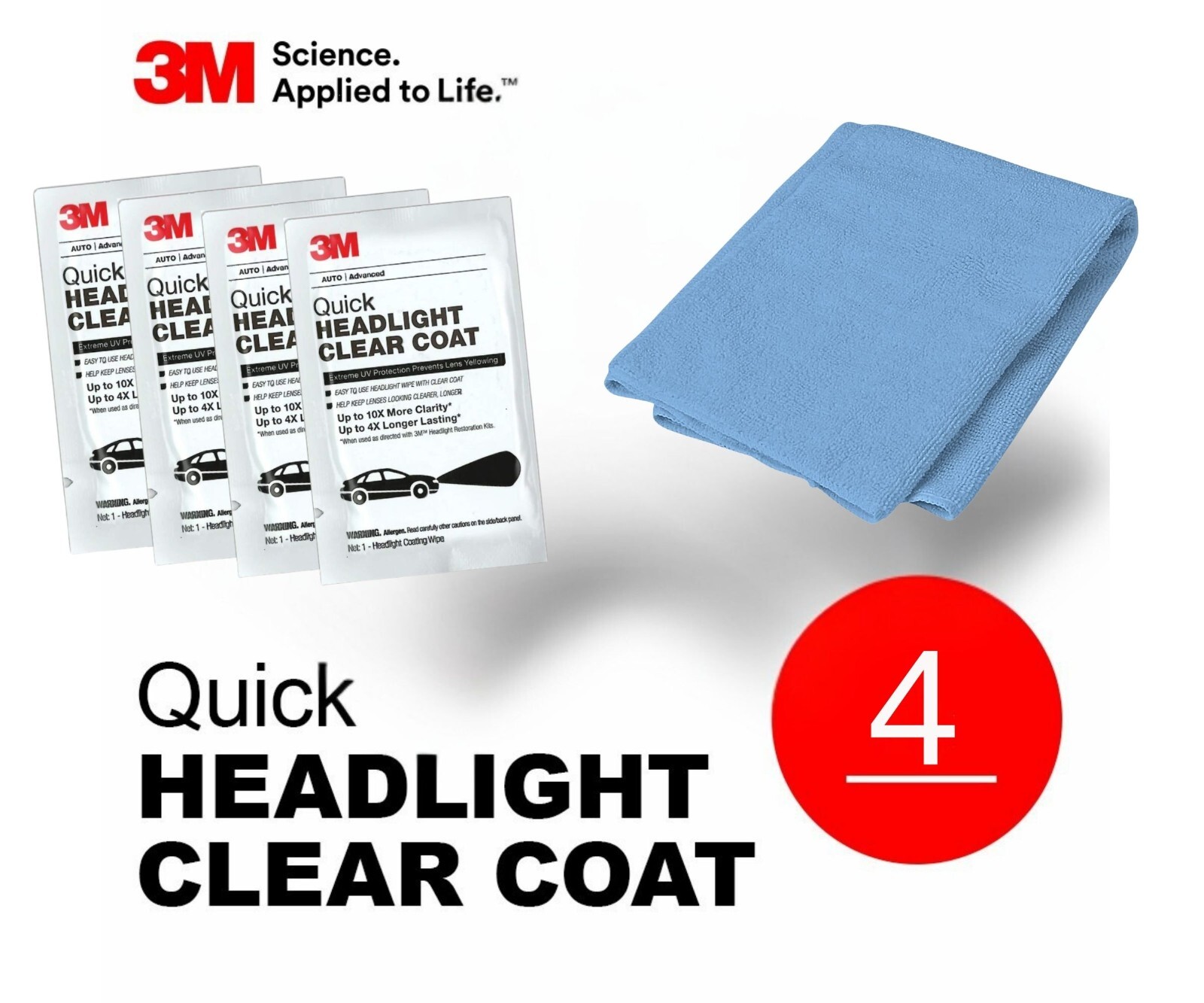 3M Quick Headlight Clear Coat 4x wipe lot With 16×16 Microfiber Cloth – Blue