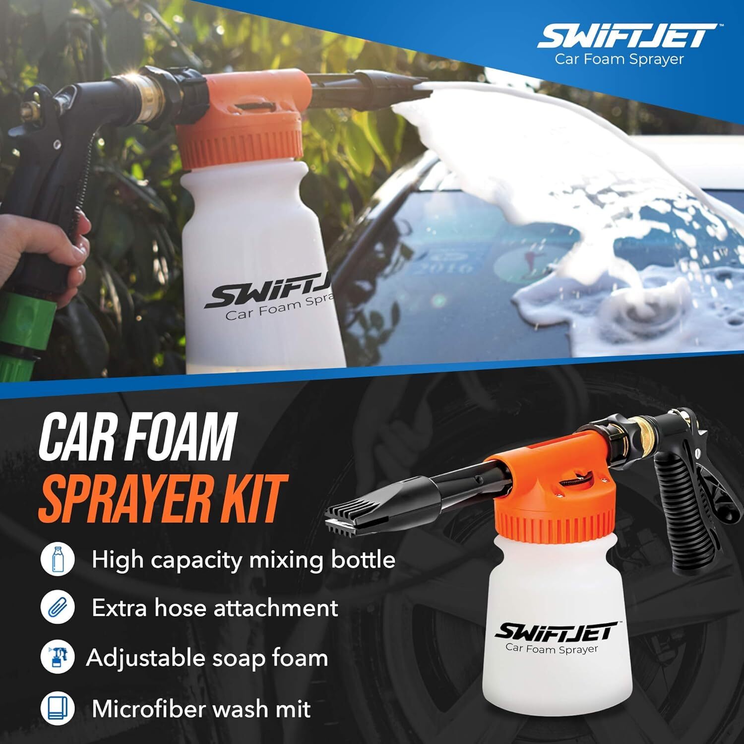 “SwiftJet Foam Gun & Wash Mitt – Car Wash Kit for Garden Hose – Orange Blaster”