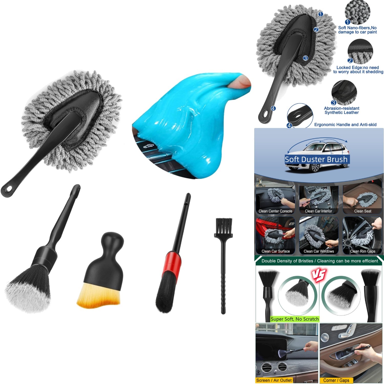 Car Interior Duster Brush & Cleaning Gel Kit Slime Dust Remover Detailing Tools