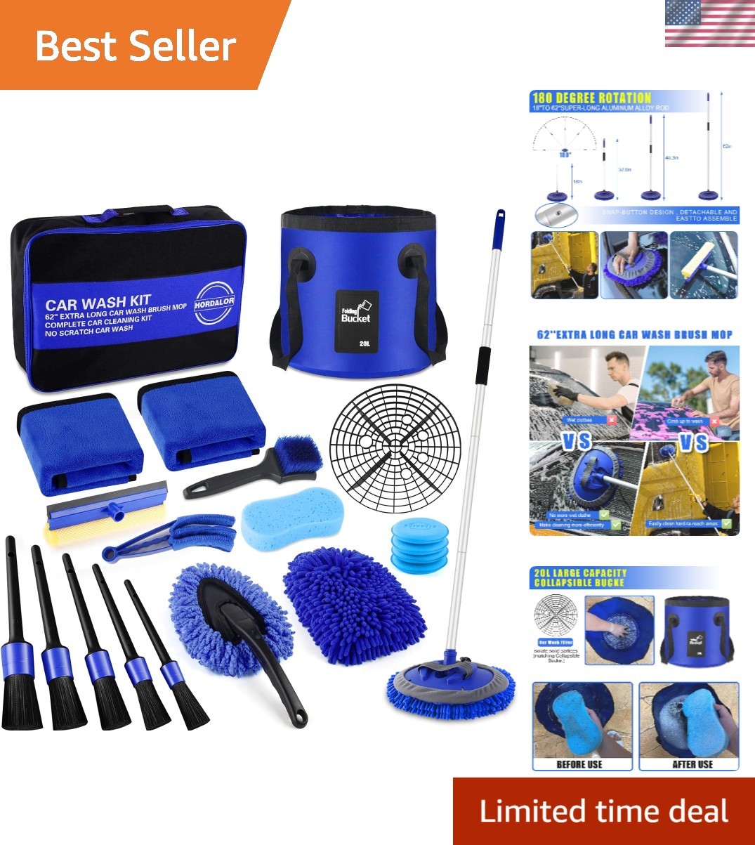 Deluxe 21-Pc Car Cleaning Set with 62″ Brush, Bucket & Scratch-Free Design