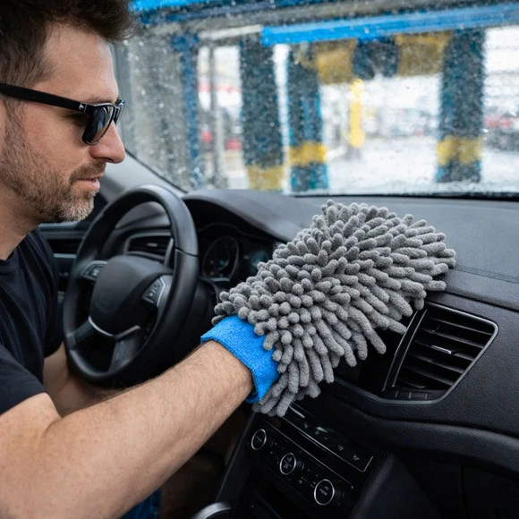 2 Pack Dual-Sided Microfiber Mitt Gloves Grey+Yellow Color-Coded Car Wash Polish
