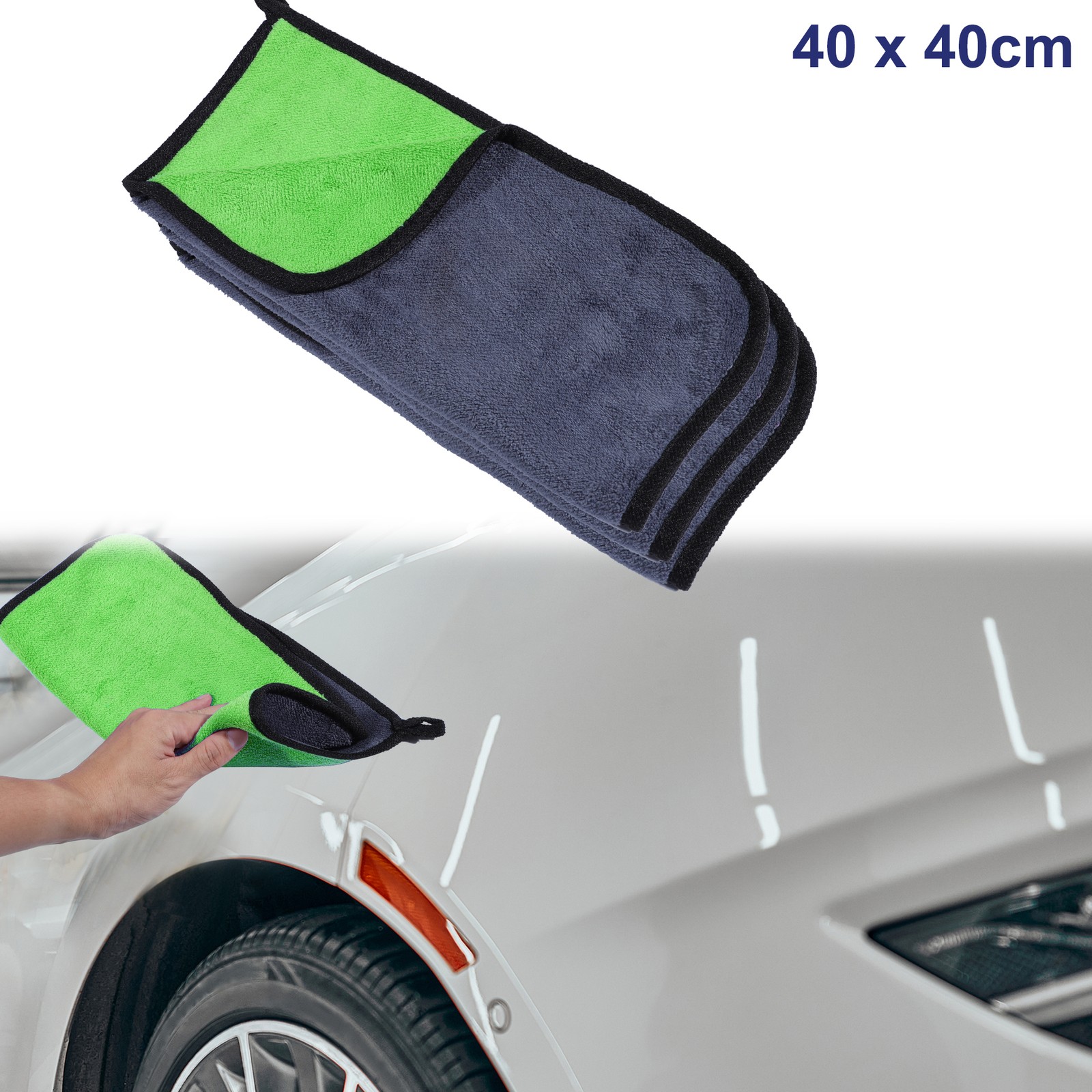 3pcs Microfibre Car Drying Towel 40 x 40cm 600GSM Highly Absorbent Gray Green