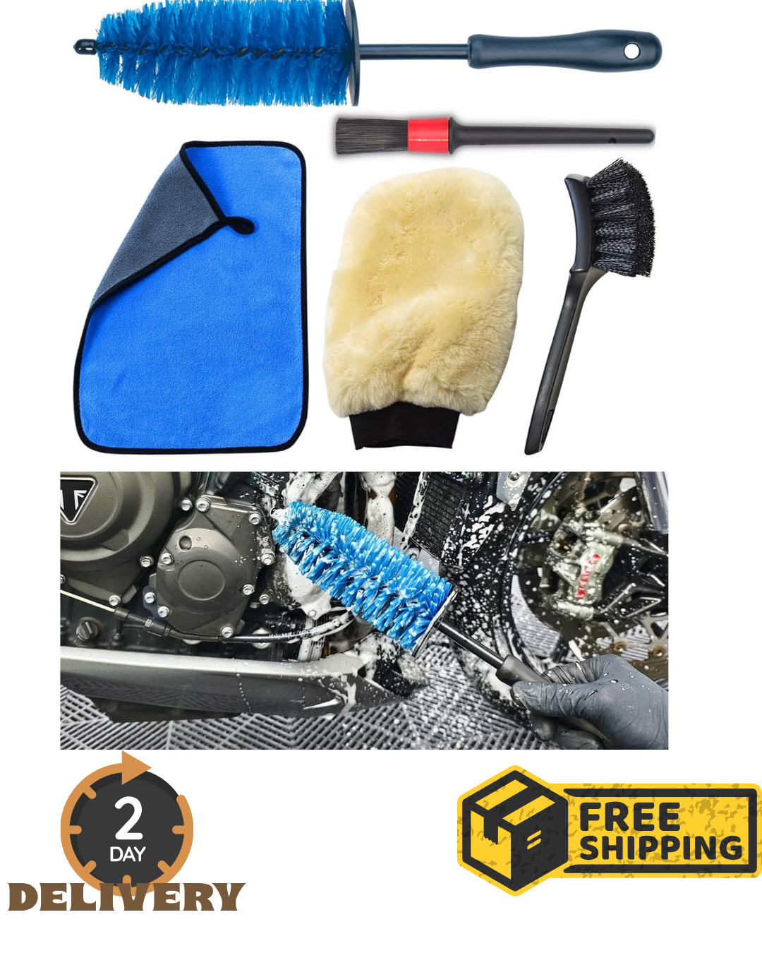 Motorcycle Cleaning Kit Brushes Microfiber Towel Detailing Set