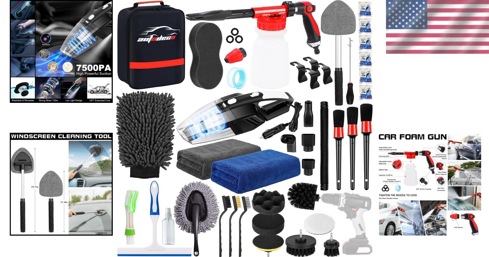 40PCS Car Wash Detailing Kit Foam Gun Vacuum Brushes Towels Interior Exterior