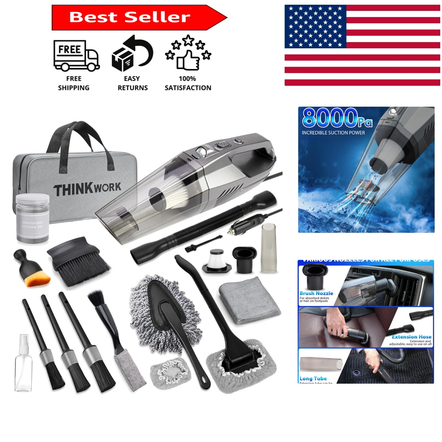 Gray Car Cleaning Kit – 21PC Vacuum and Detailing Brushes for Car Enthusiasts